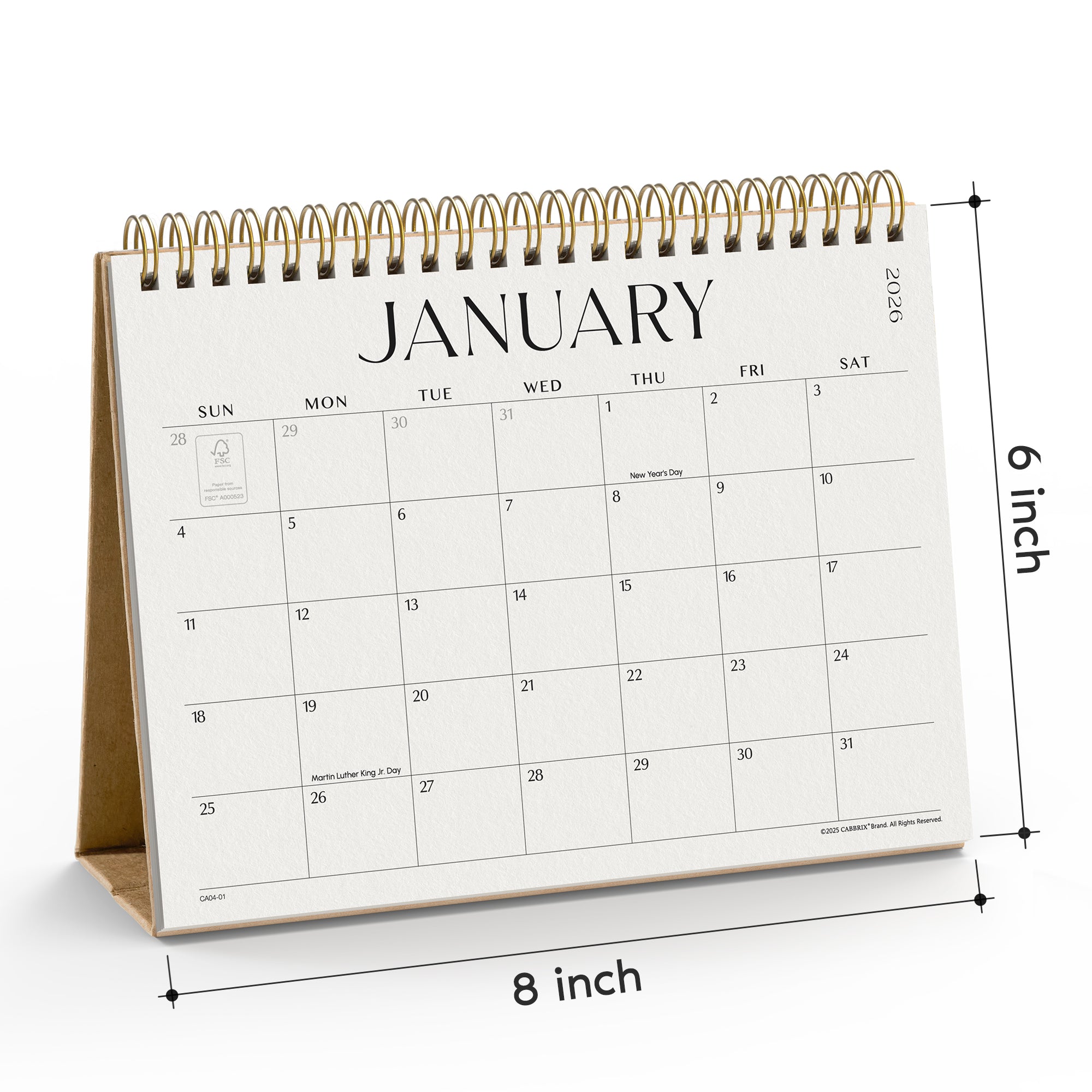 Desk calendar showing January with dimensions indicated