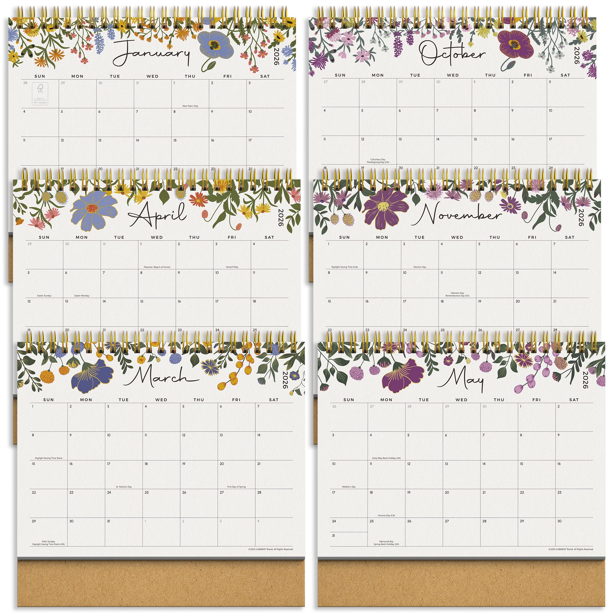 Floral-themed monthly calendar with a gold spiral binding