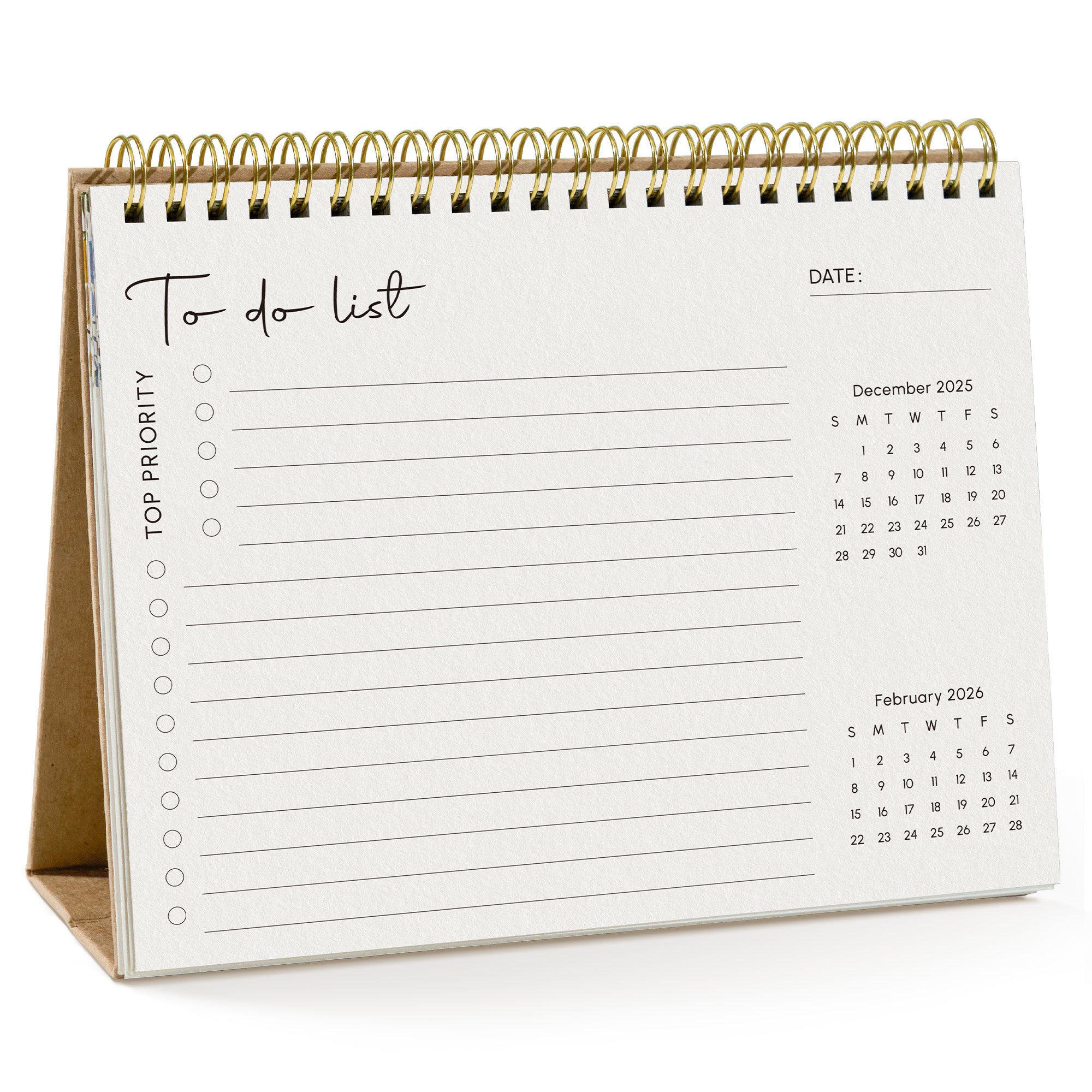 Desk calendar with to-do list and calendar pages on a white background