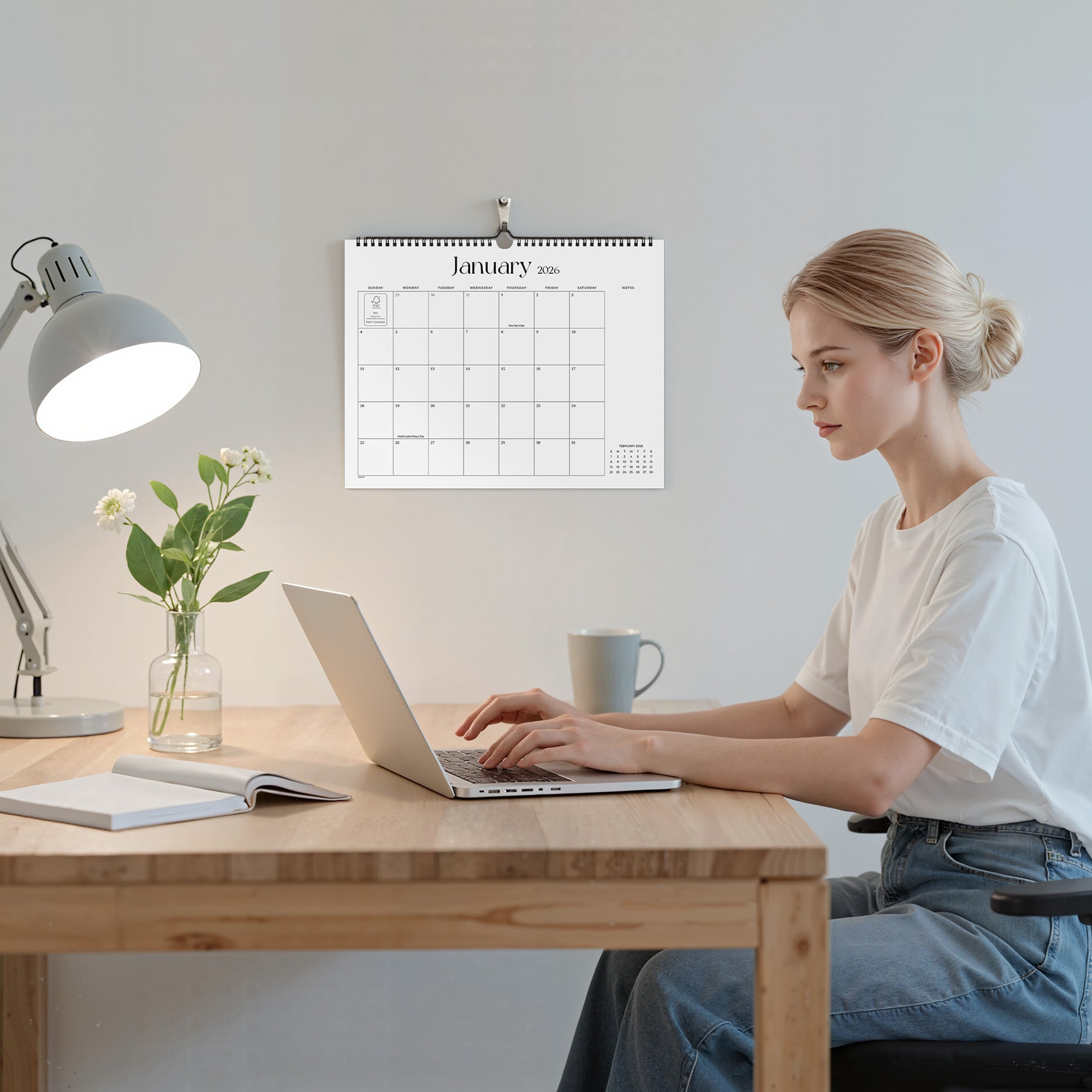 Woman working on a laptop at a desk with a calendar on the wall.