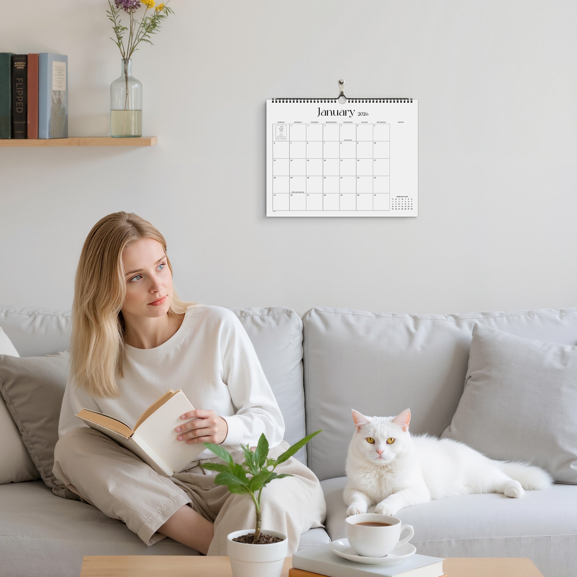 Woman reading a book on a couch with a white cat, a calendar on the wall, and a small table with a plant and cup.