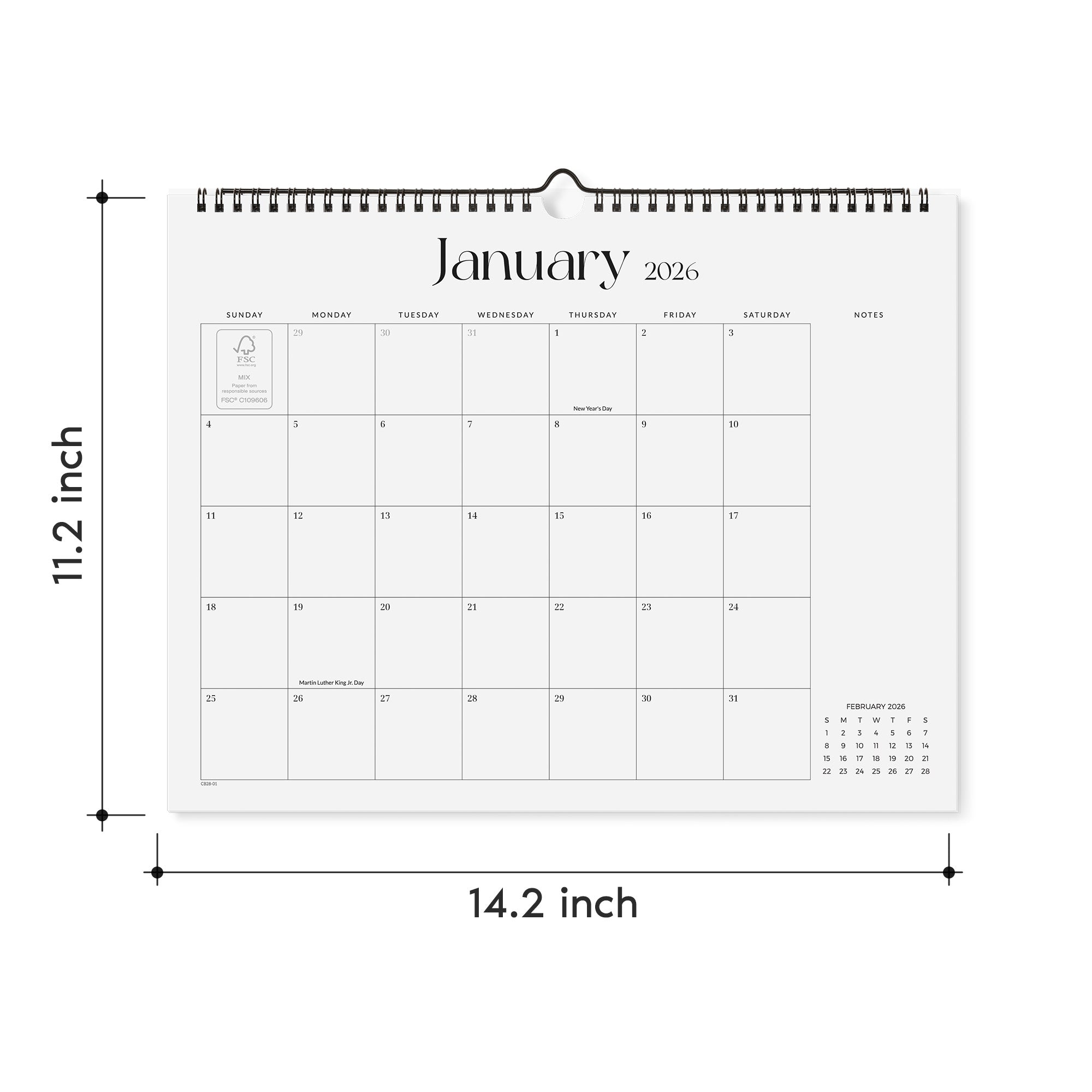 Wall calendar with dimensions labeled on a white background