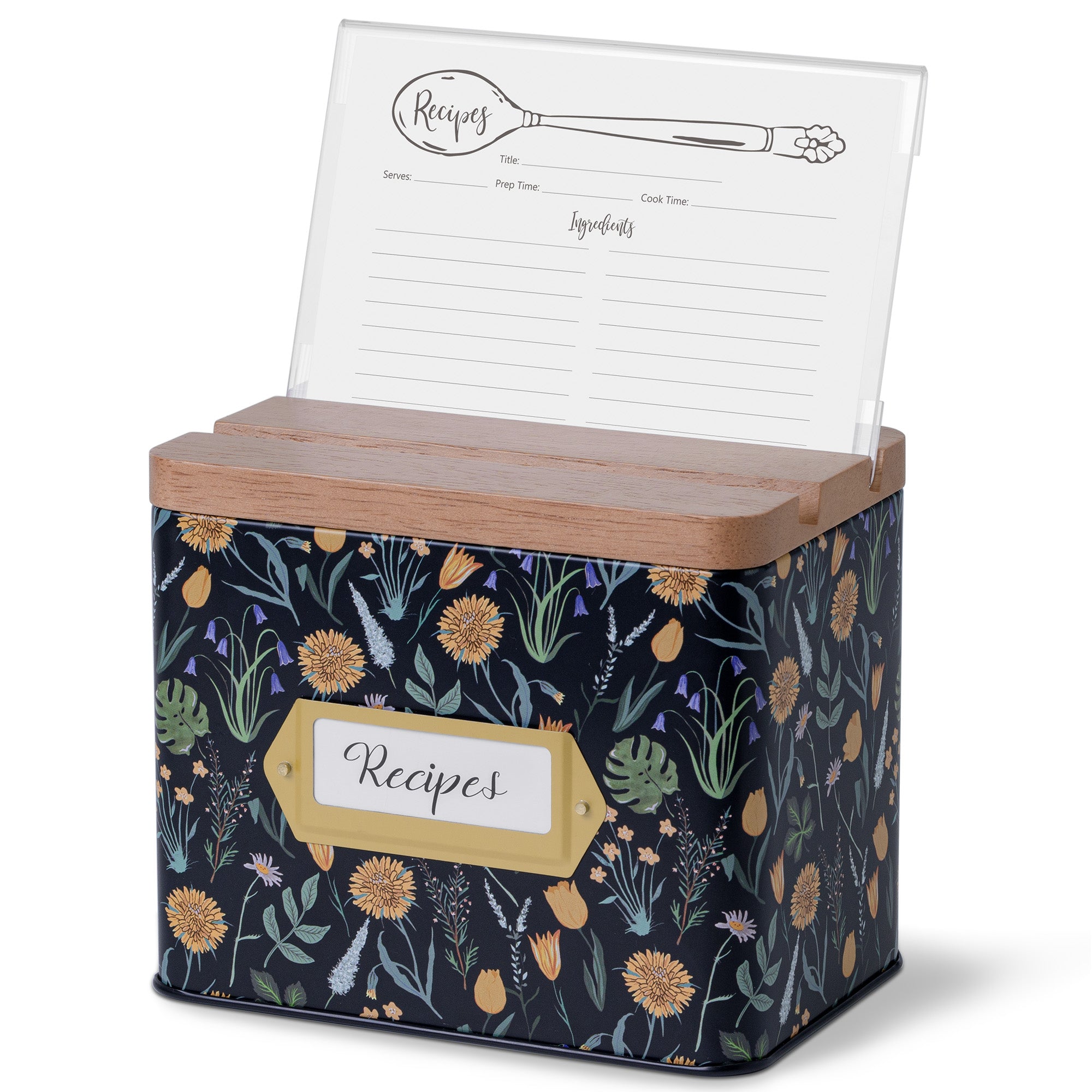 Decorative recipe box with floral pattern and clear lid showing recipe card.