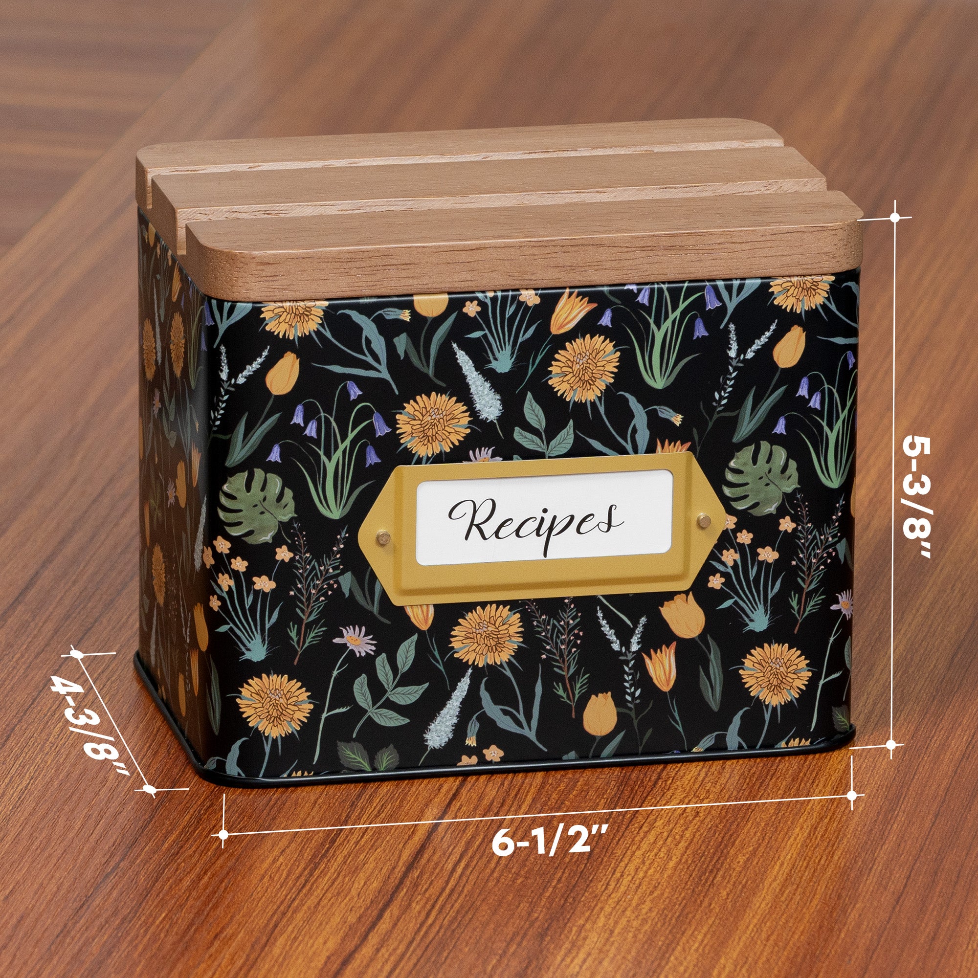 Rectangular wooden box with floral pattern and 'Recipes' label, placed on a wooden surface with dimensions displayed.