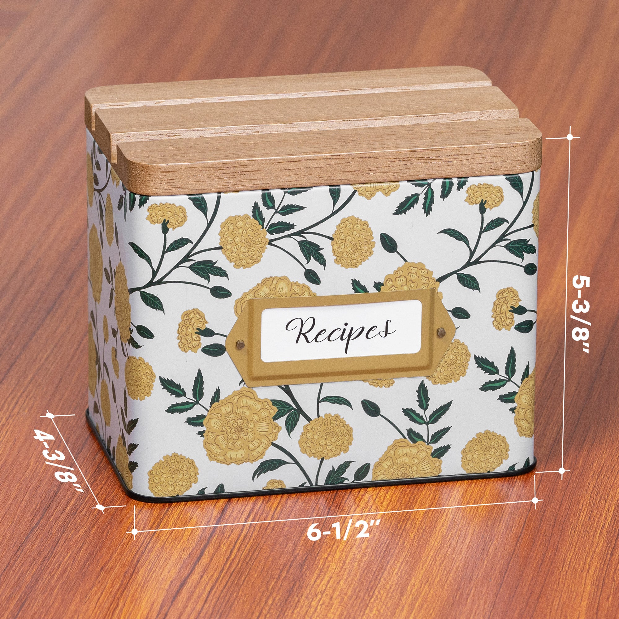Floral-patterned recipe box with wooden lid on a wooden surface, showing dimensions.