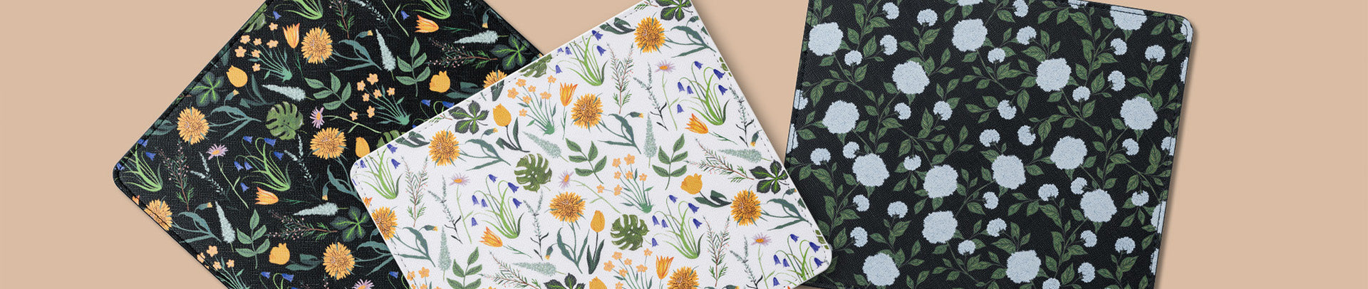 Set of four floral-patterned products on a beige background