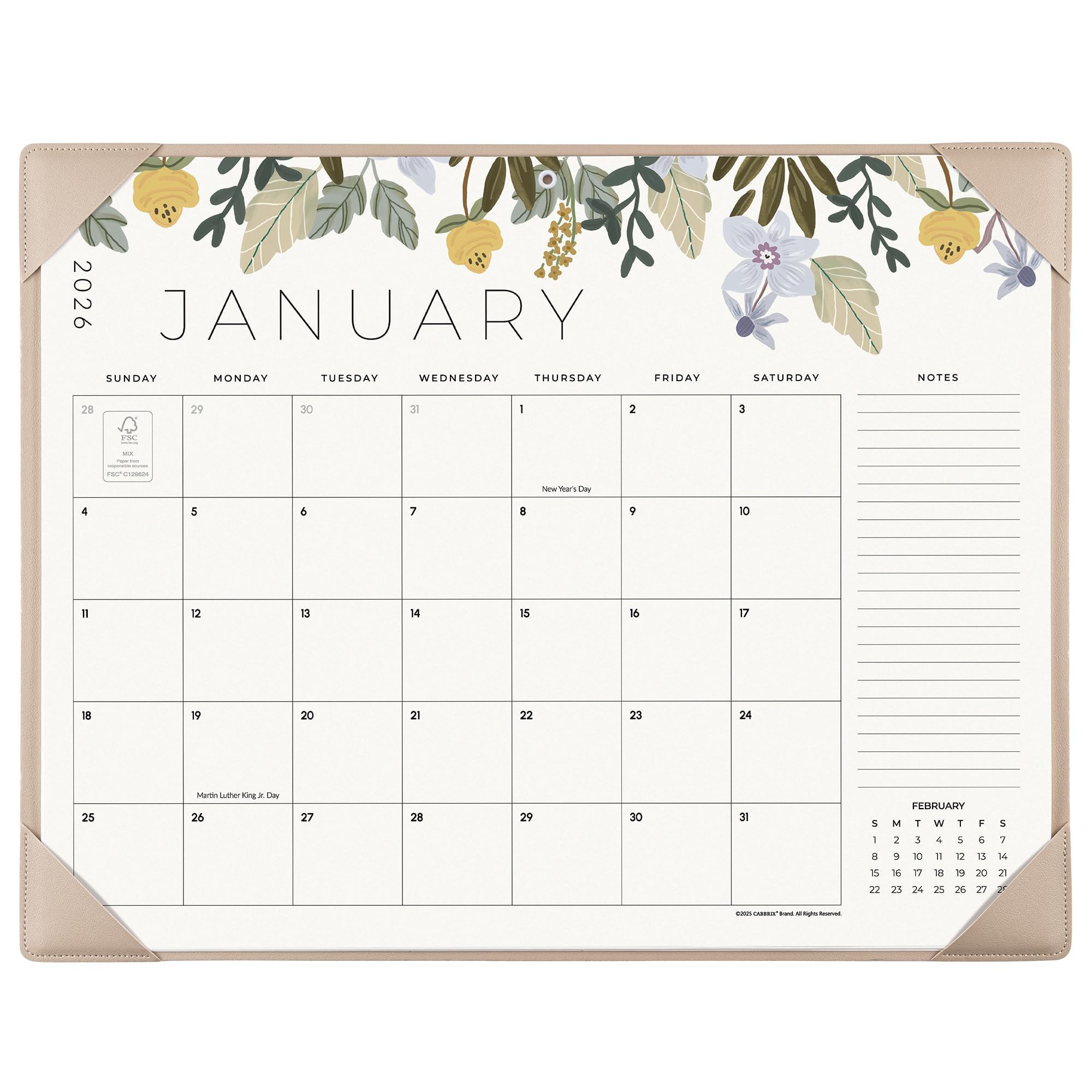 Floral decorated January calendar on a white background