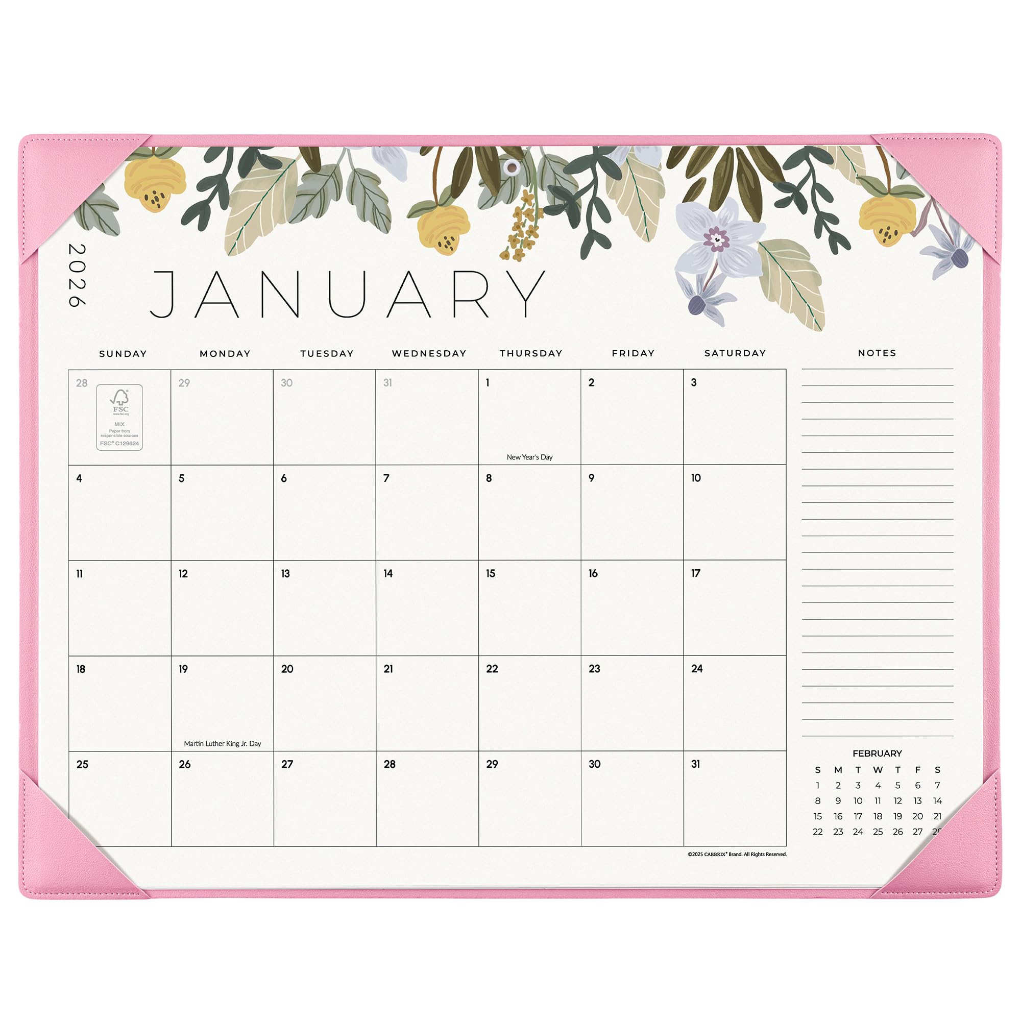 Floral-themed calendar for January with a pink border