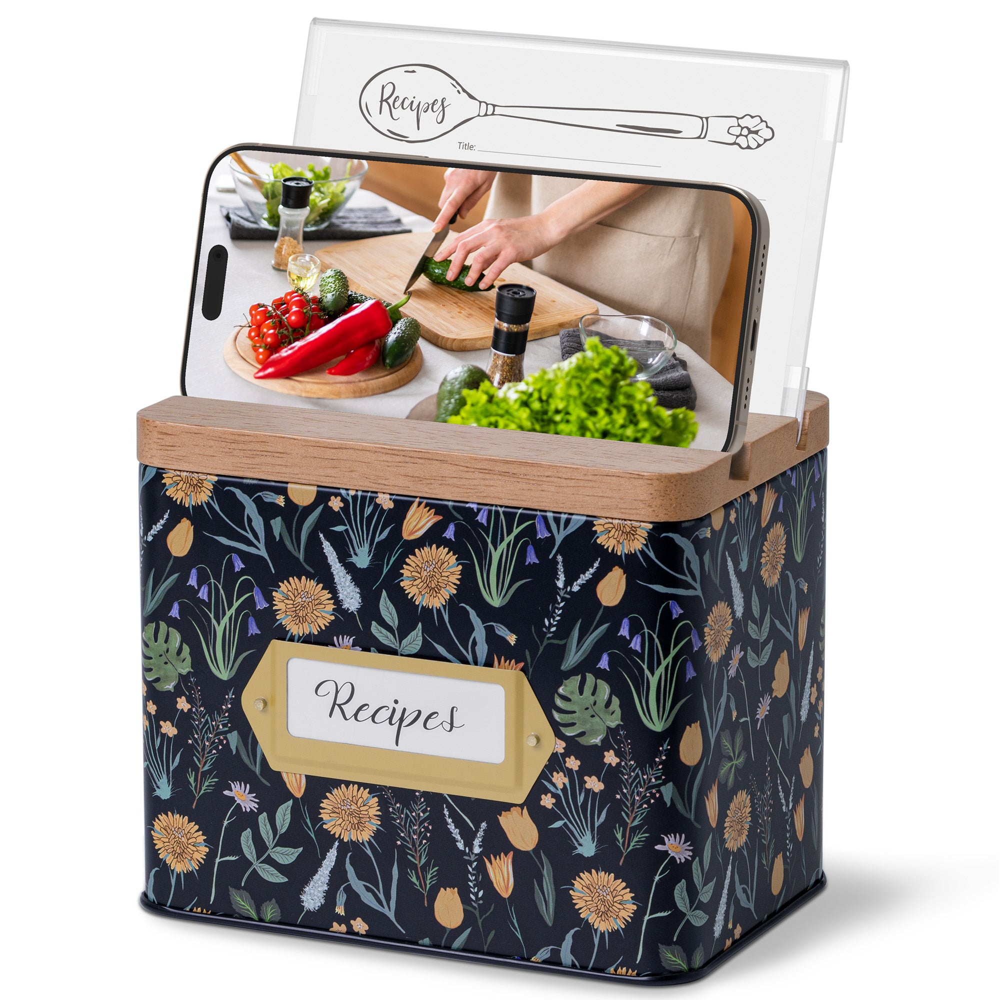 Cabbrix Stylish Recipe Box with Cards, Dahlias
