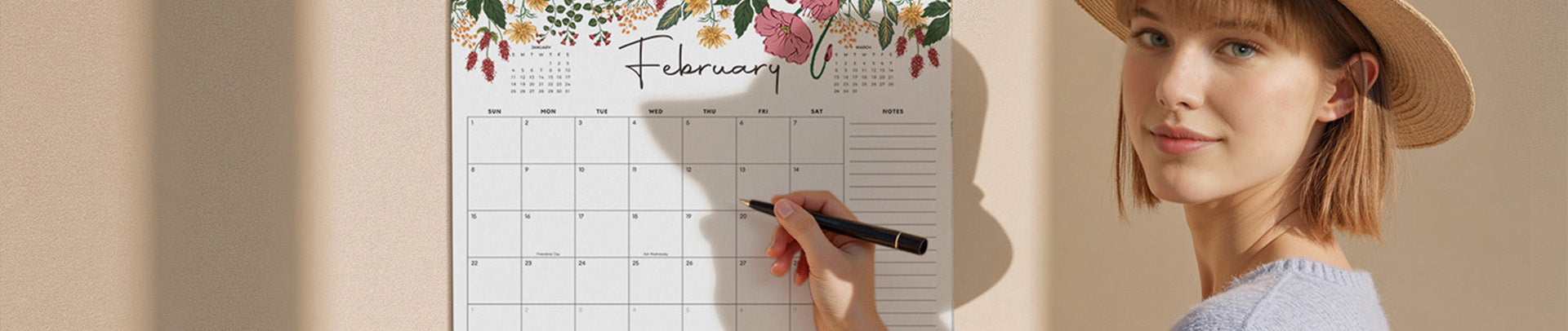 Woman holding a pen next to a floral-themed calendar on a beige wall.
