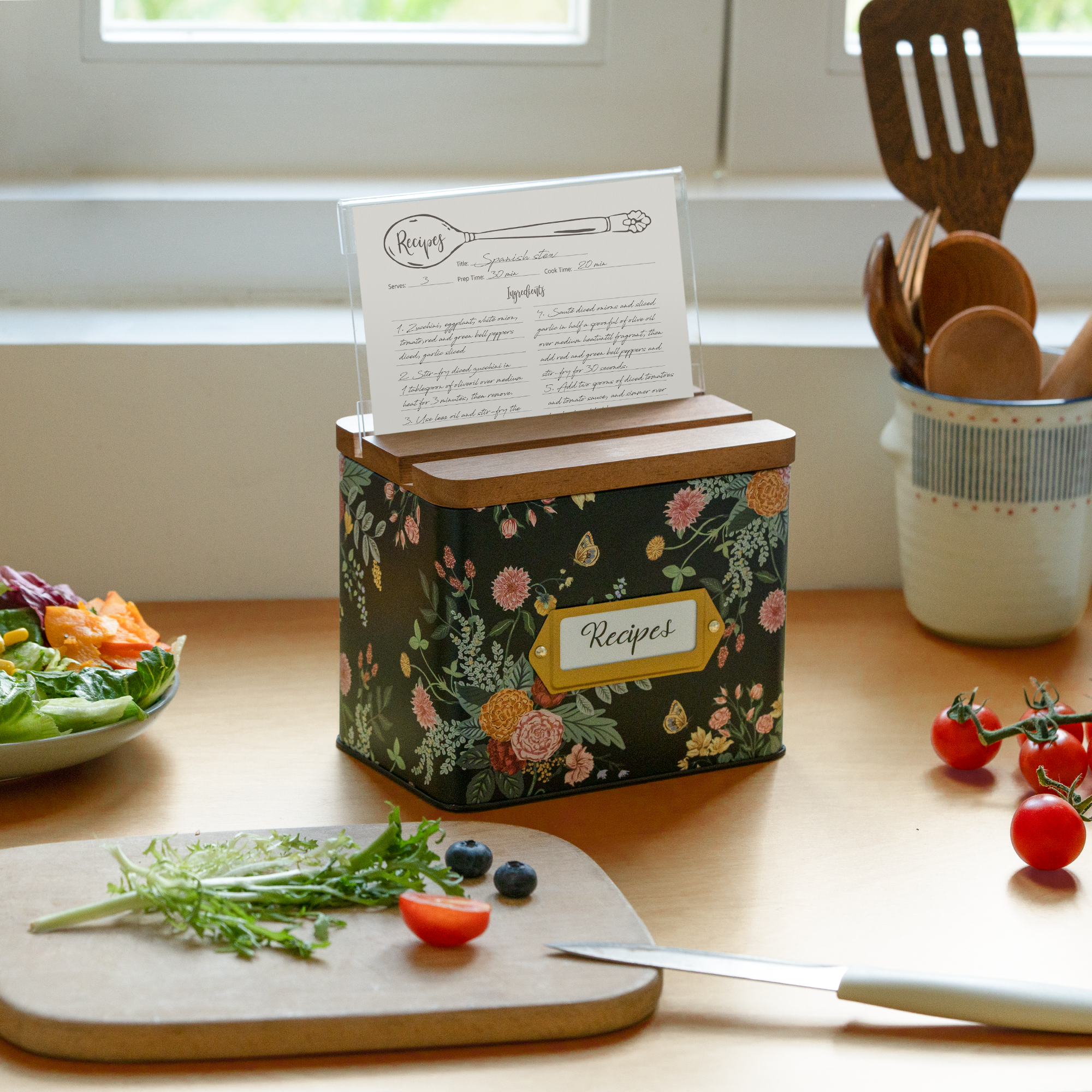 Cabbrix Stylish Recipe Box with Cards, Dahlias