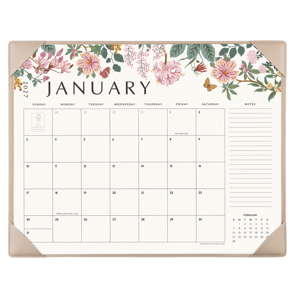 Cabbrix 2027-2028 Desk Calendar, 21"L×17"W, Elegant Floral, Black