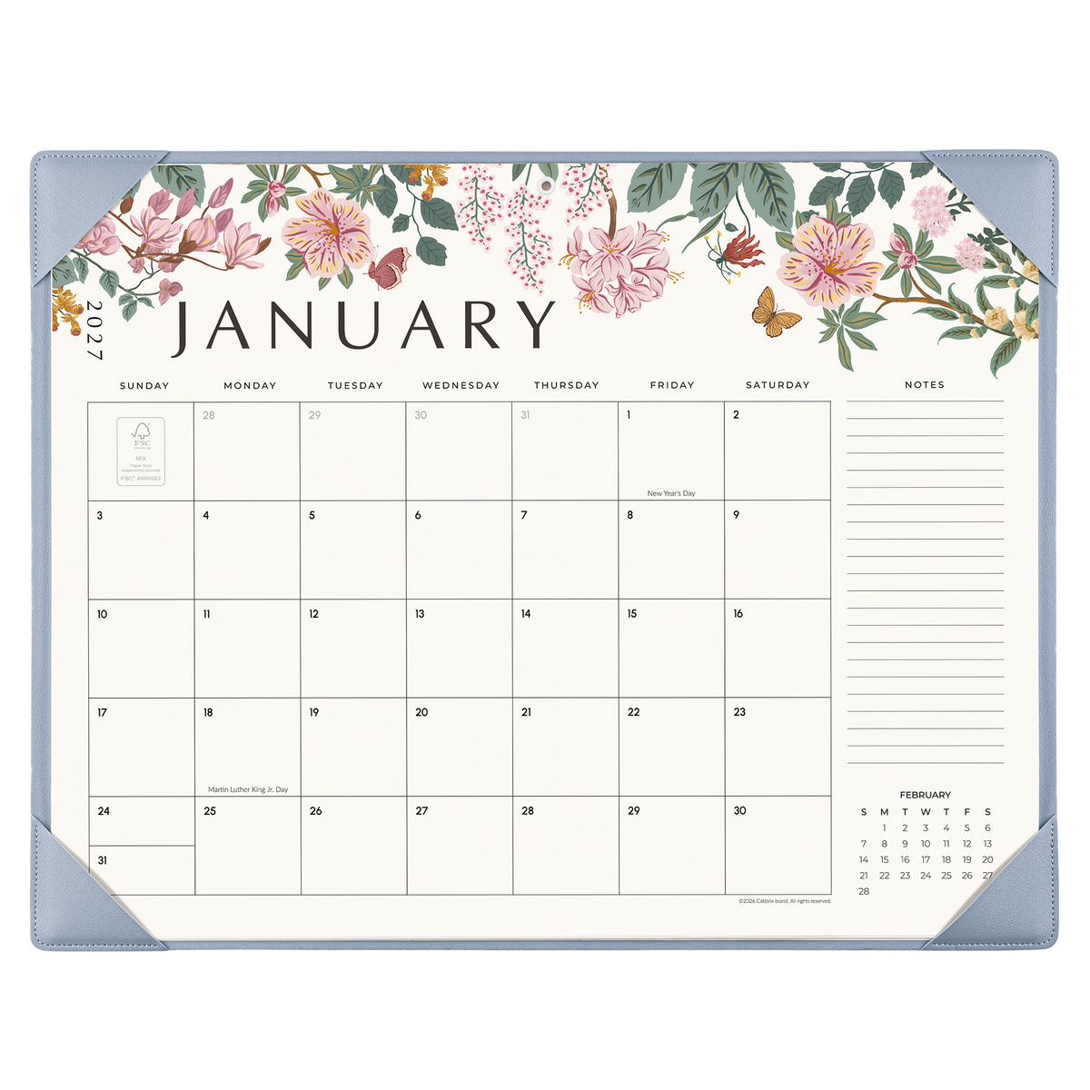 Cabbrix 2027-2028 Desk Calendar, 21"L×17"W, Elegant Floral, Black