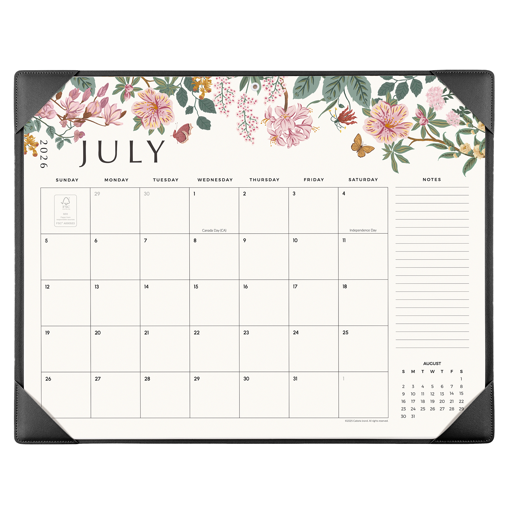 Cabbrix 2026-27 Desk Calendar, 21"L×17"W, Elegant Floral, Black