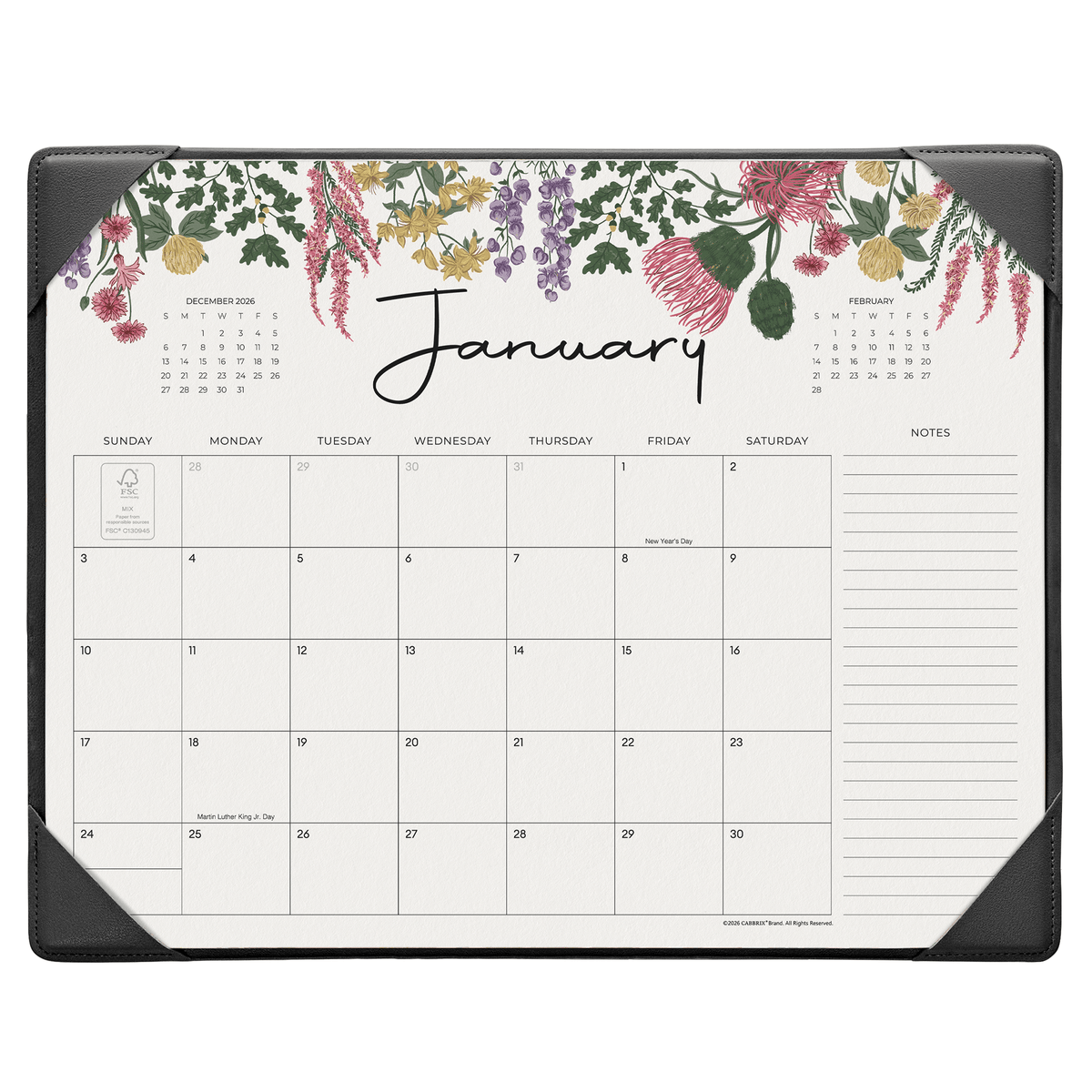 Cabbrix 2027-2028 Desk Calendar, 15"L×12"W, Vine Poem, Black