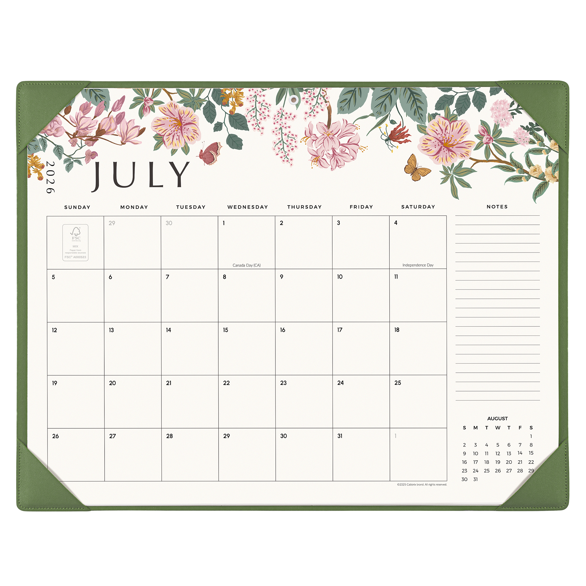 Cabbrix 2026-27 Desk Calendar, 21"L×17"W, Elegant Floral, Green