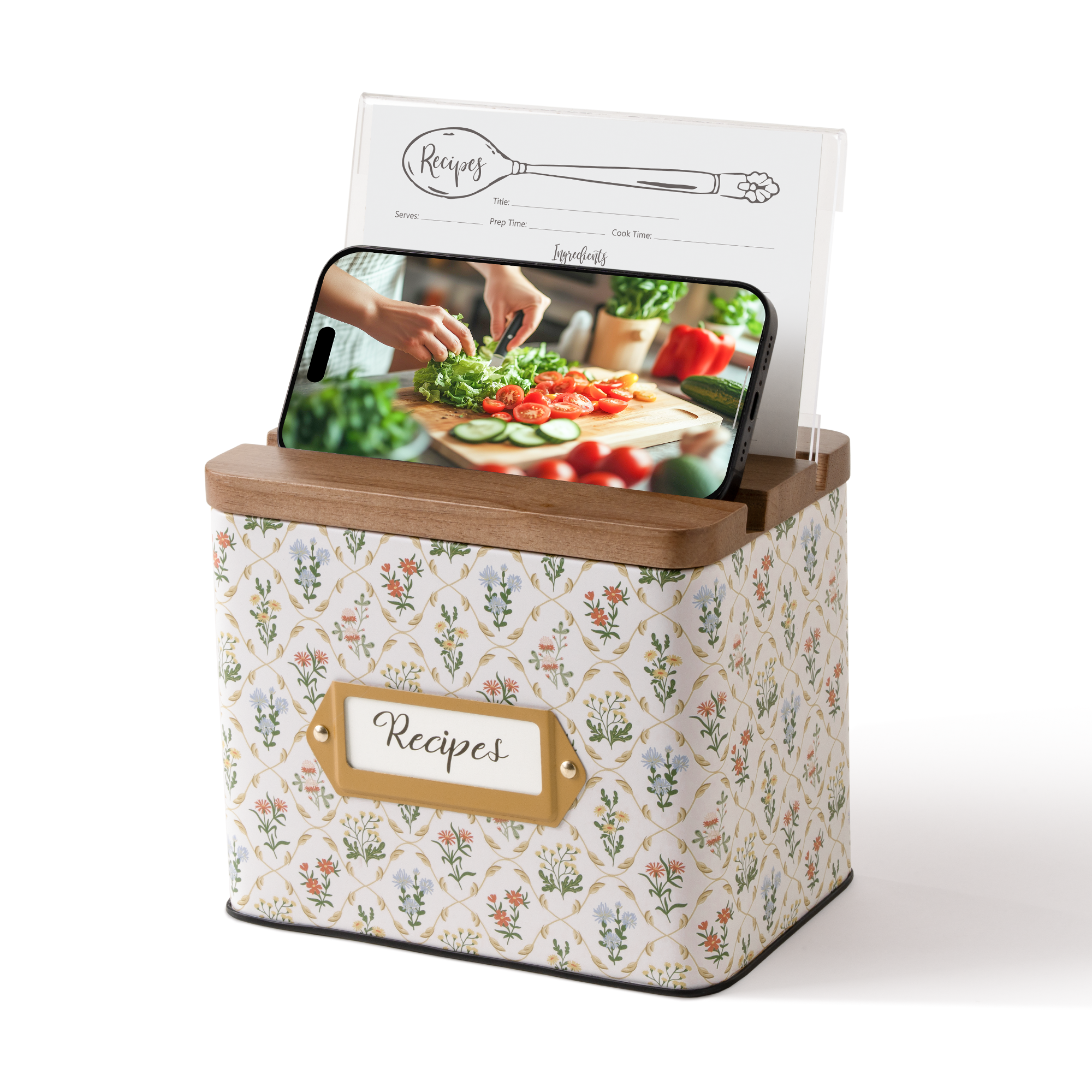 Cabbrix Stylish Recipe Box with Cards, Dahlias