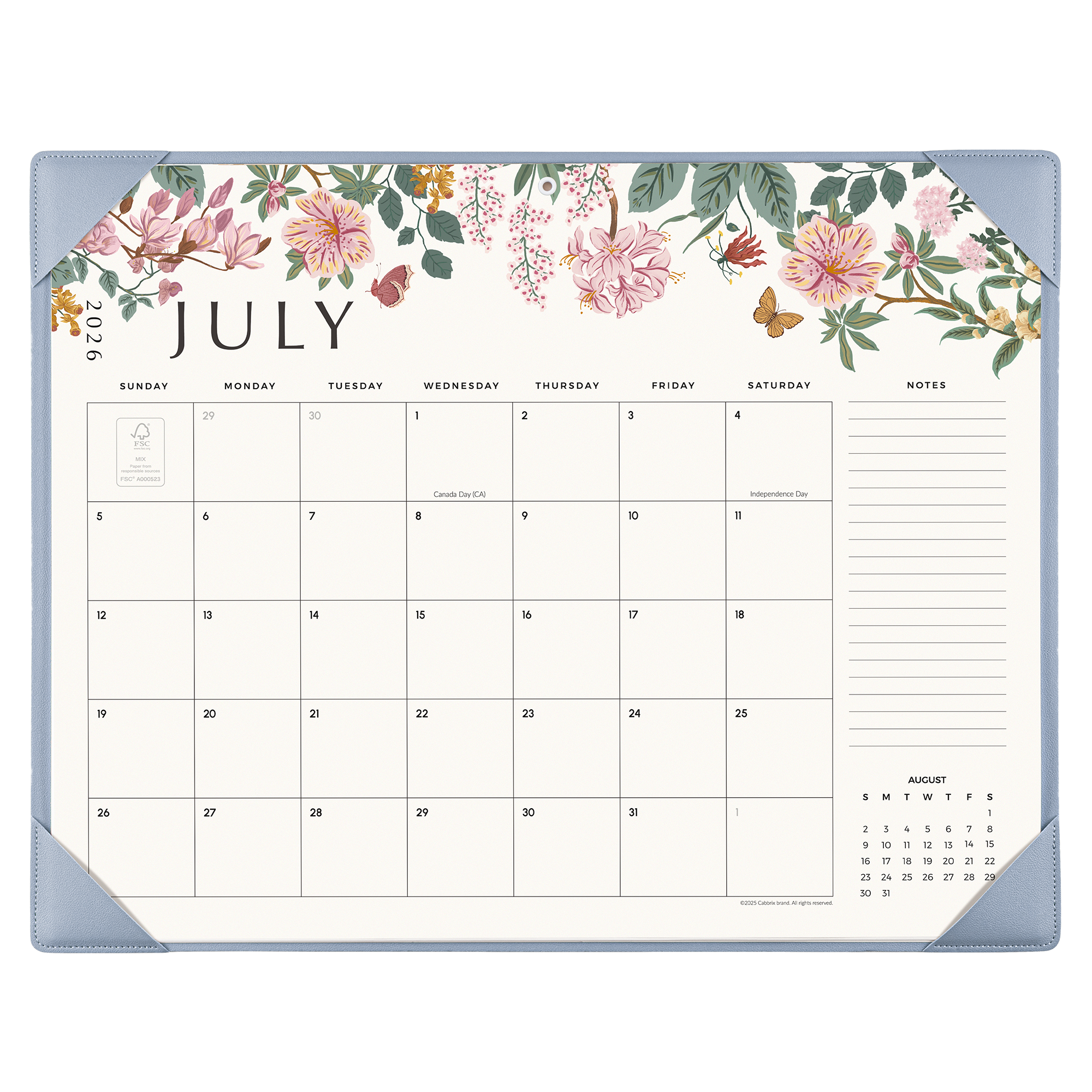 Cabbrix 2026-27 Desk Calendar, 21"L×17"W, Elegant Floral, Blue