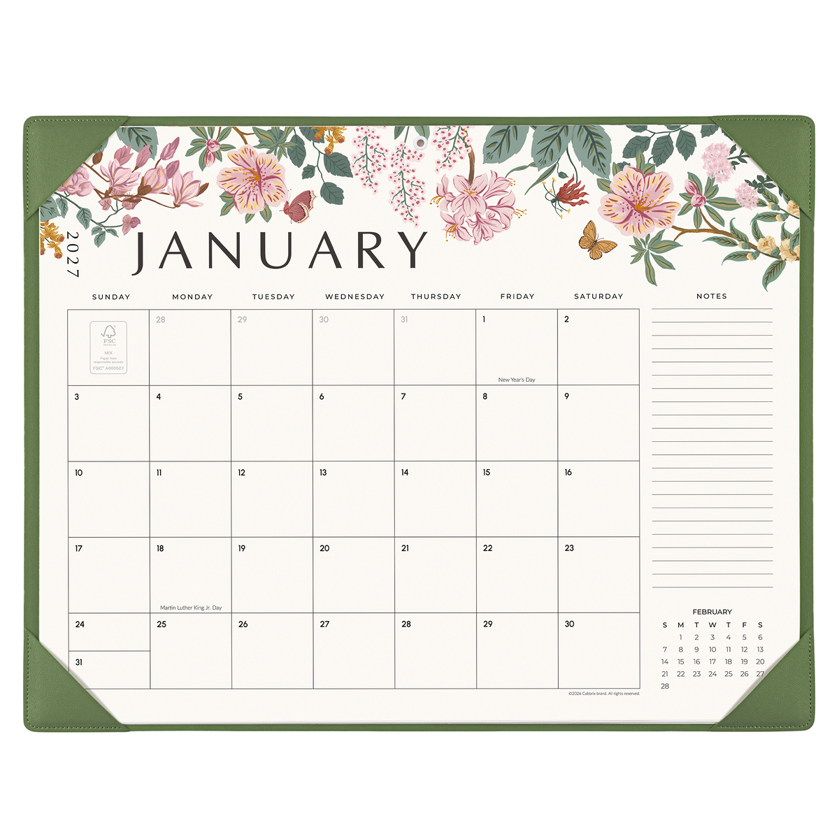 Cabbrix 2027-2028 Desk Calendar, 21"L×17"W, Elegant Floral, Black