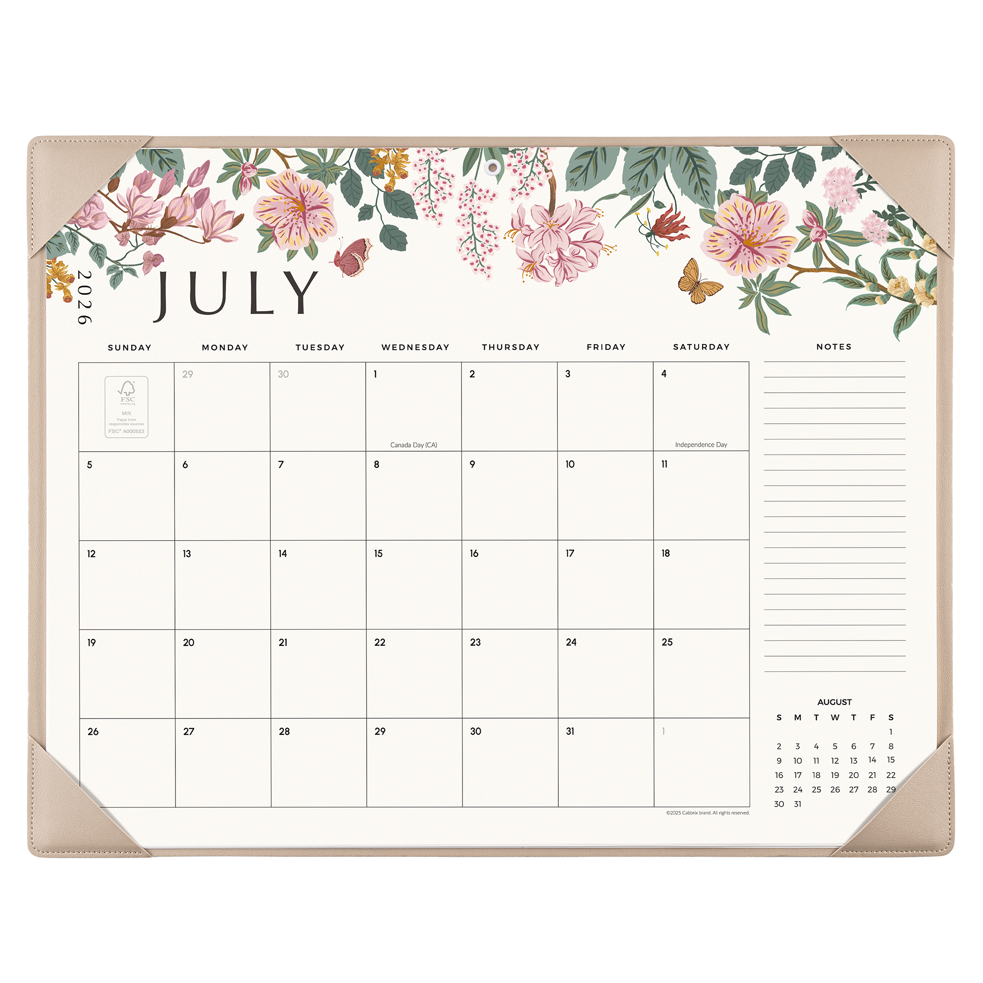 Cabbrix 2026-27 Desk Calendar, 21"L×17"W, Elegant Floral, Blue