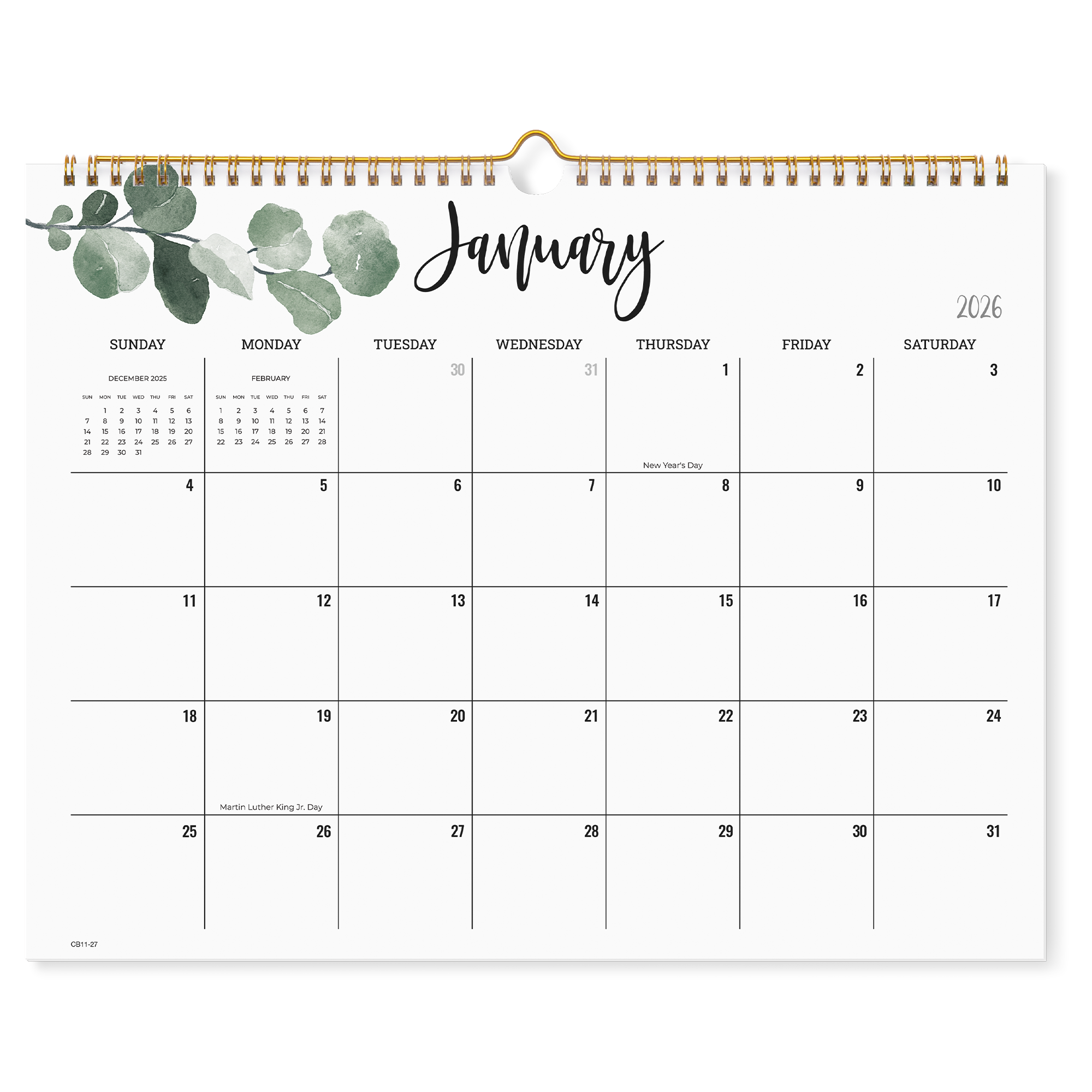 Cabbrix 2026-2027 Wall Calendar, Spiral Binding, 12"L×15"W, Botanical Elements