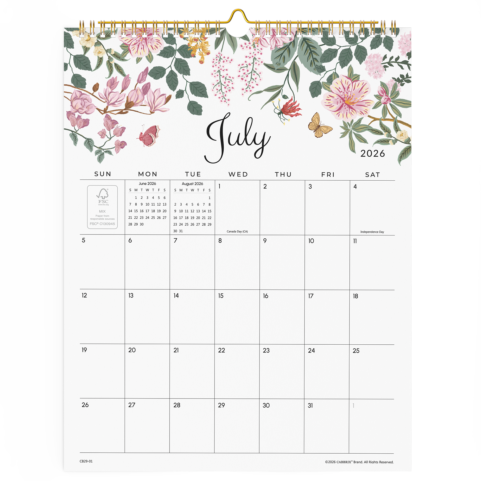 Cabbrix 2026-27 Wall Calendar, Twin-Wire Binding, 12"L×15"W, Elegant Floral
