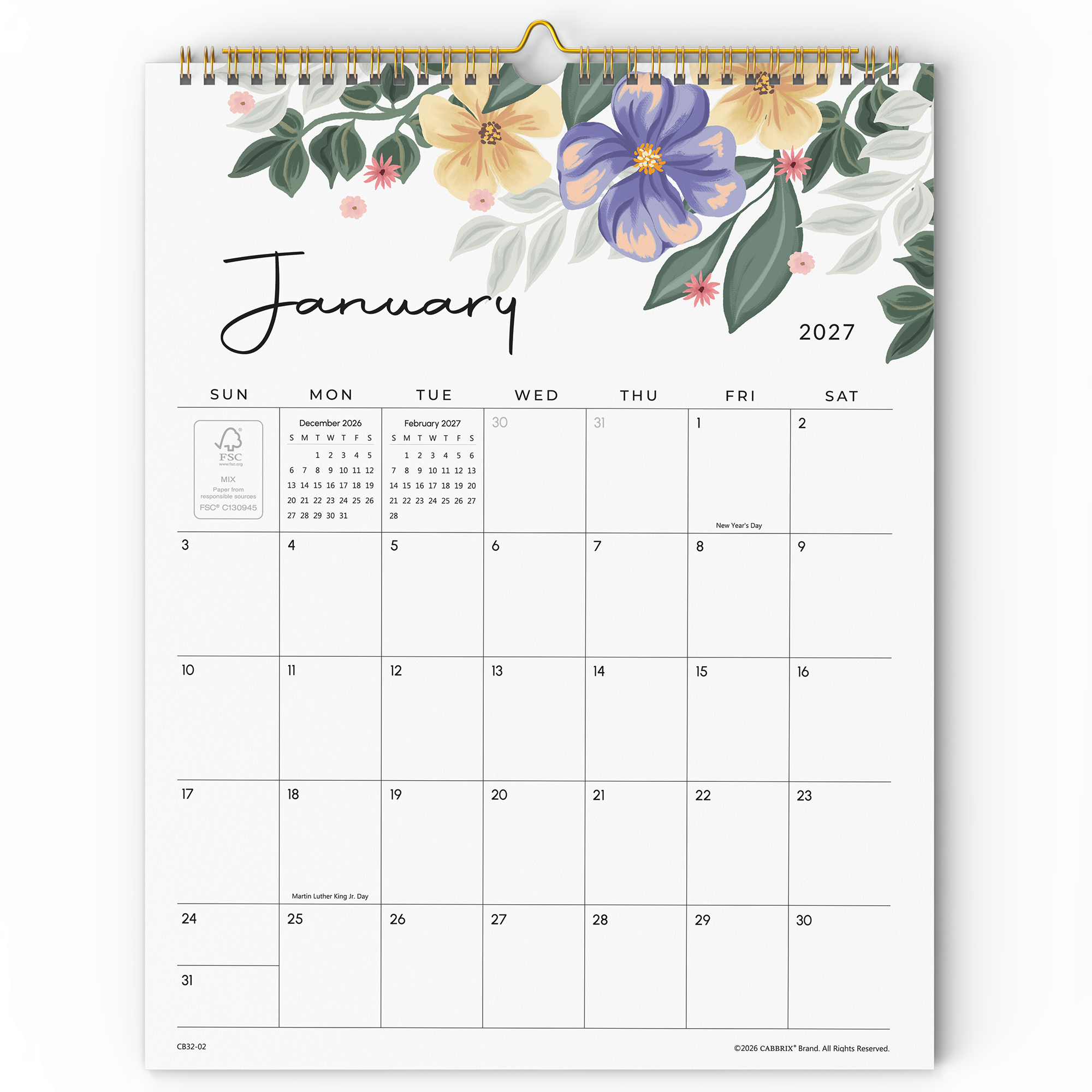Cabbrix 2027-28 Wall Calendar, Twin-Wire Binding, 12"L×15"W, Bloom Chronicles