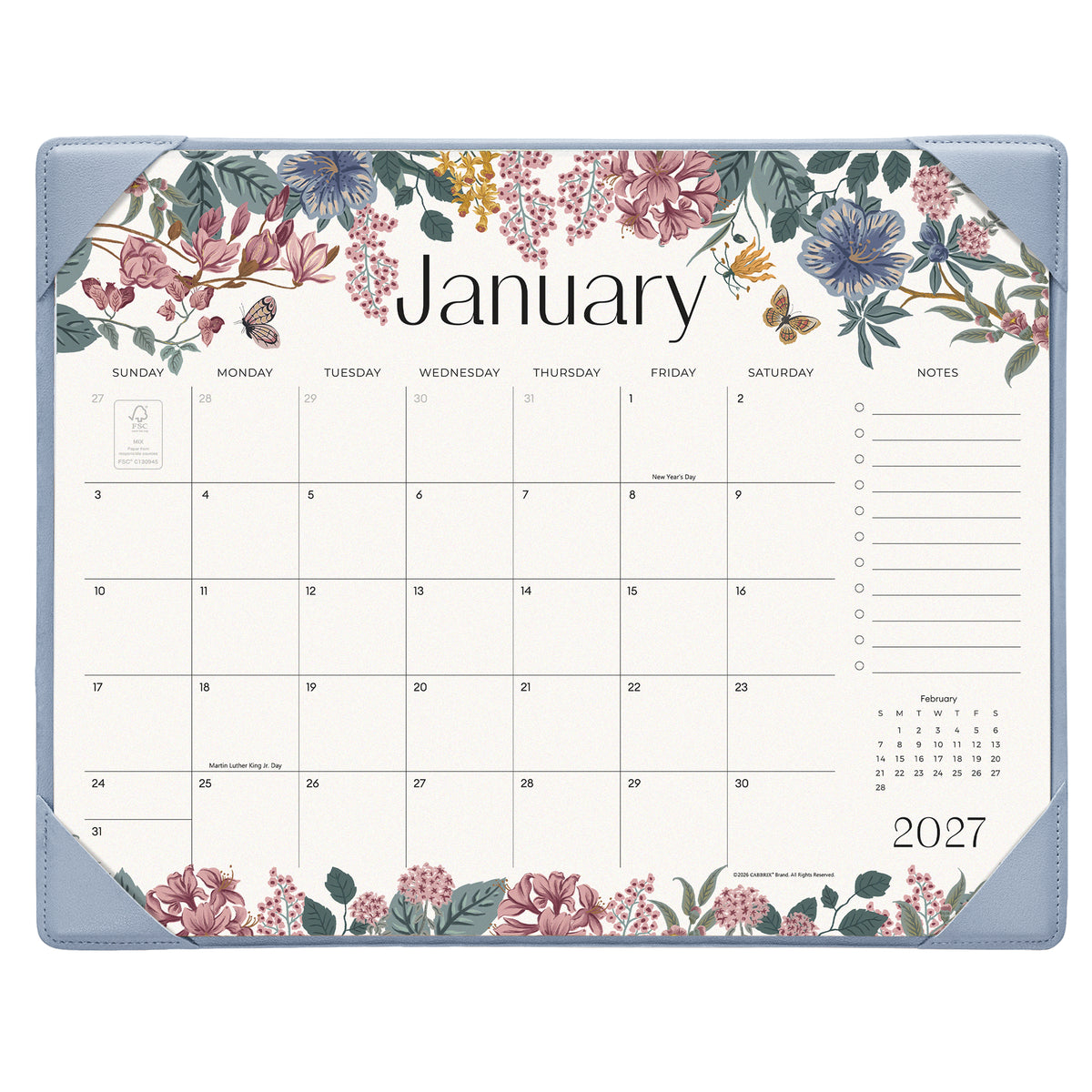 Cabbrix 2027-2028 Desk Calendar, 15"L×12"W, Elegant Floral, Black