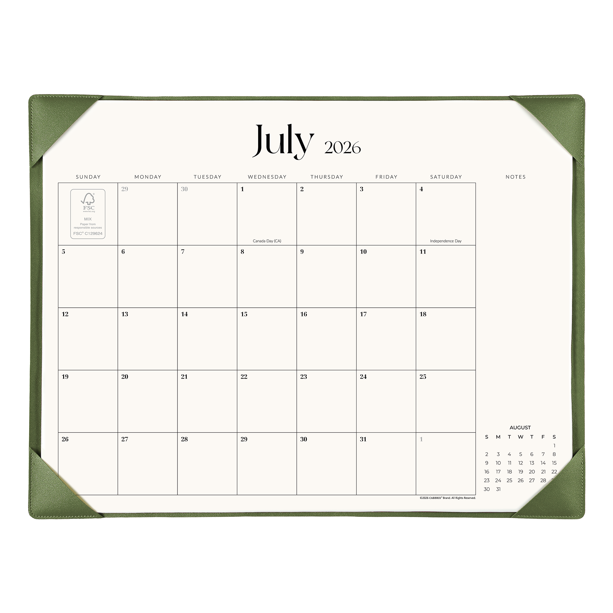 Cabbrix 2026-2027 Desk Calendar, 21"L×17"W, Simplified Style, Green