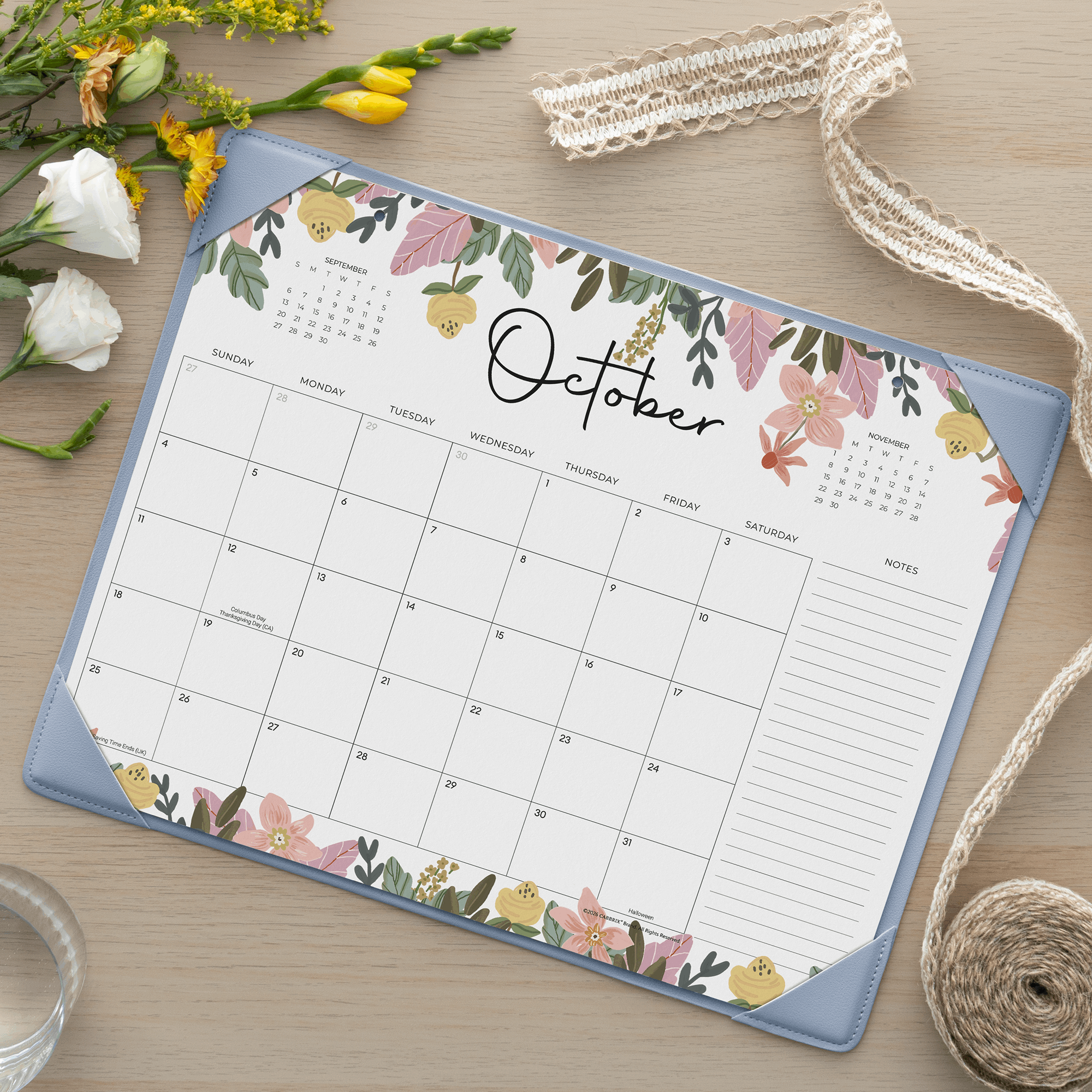 Cabbrix 2026-27 Desk Calendar, 15"L×12"W, Floral Design, Blue