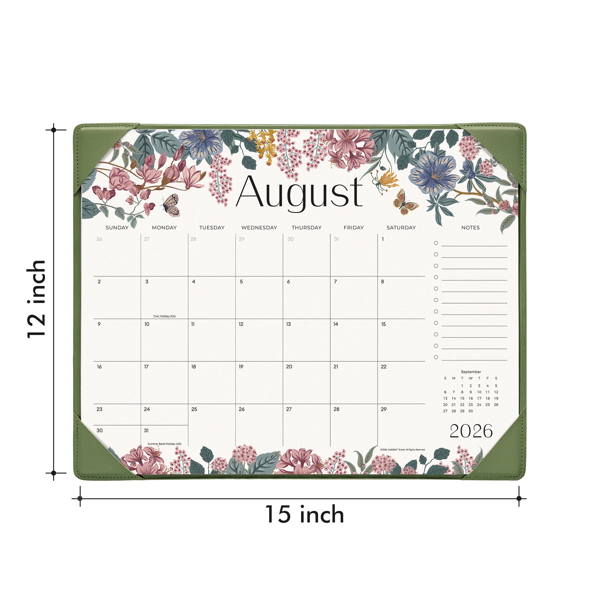 Cabbrix 2026-27 Desk Calendar, 15"L×12"W, Elegant Floral, Green