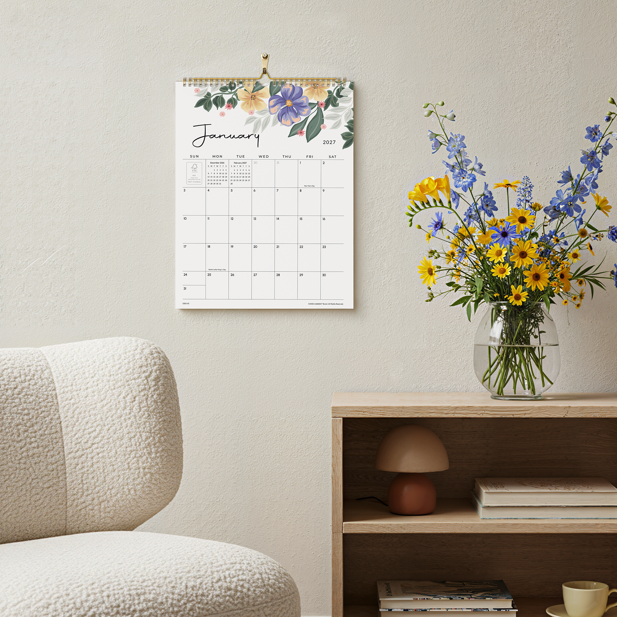 Cabbrix 2027-28 Wall Calendar, Twin-Wire Binding, 12"L×15"W, Bloom Chronicles