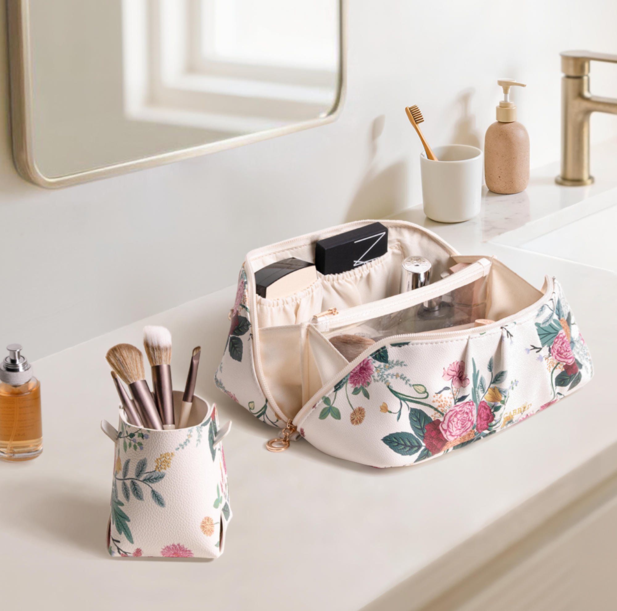 Cabbrix Travel Makeup Bag, Large Capacity Cosmetic Bag for Women, Flat Open Portable Toiletry Bag, Radiance Bloom
