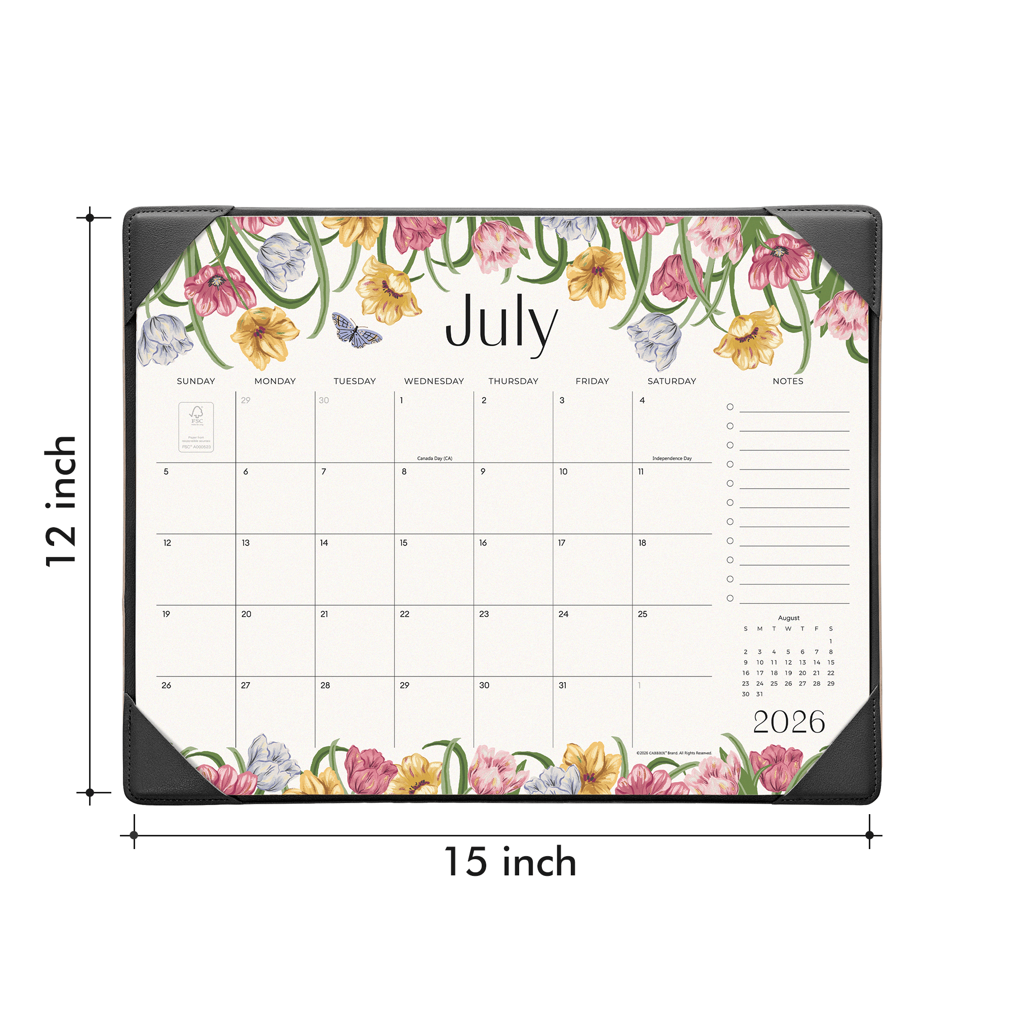 Cabbrix 2026-27 Desk Calendar, 15"L×12"W, Elegant Floral, Black