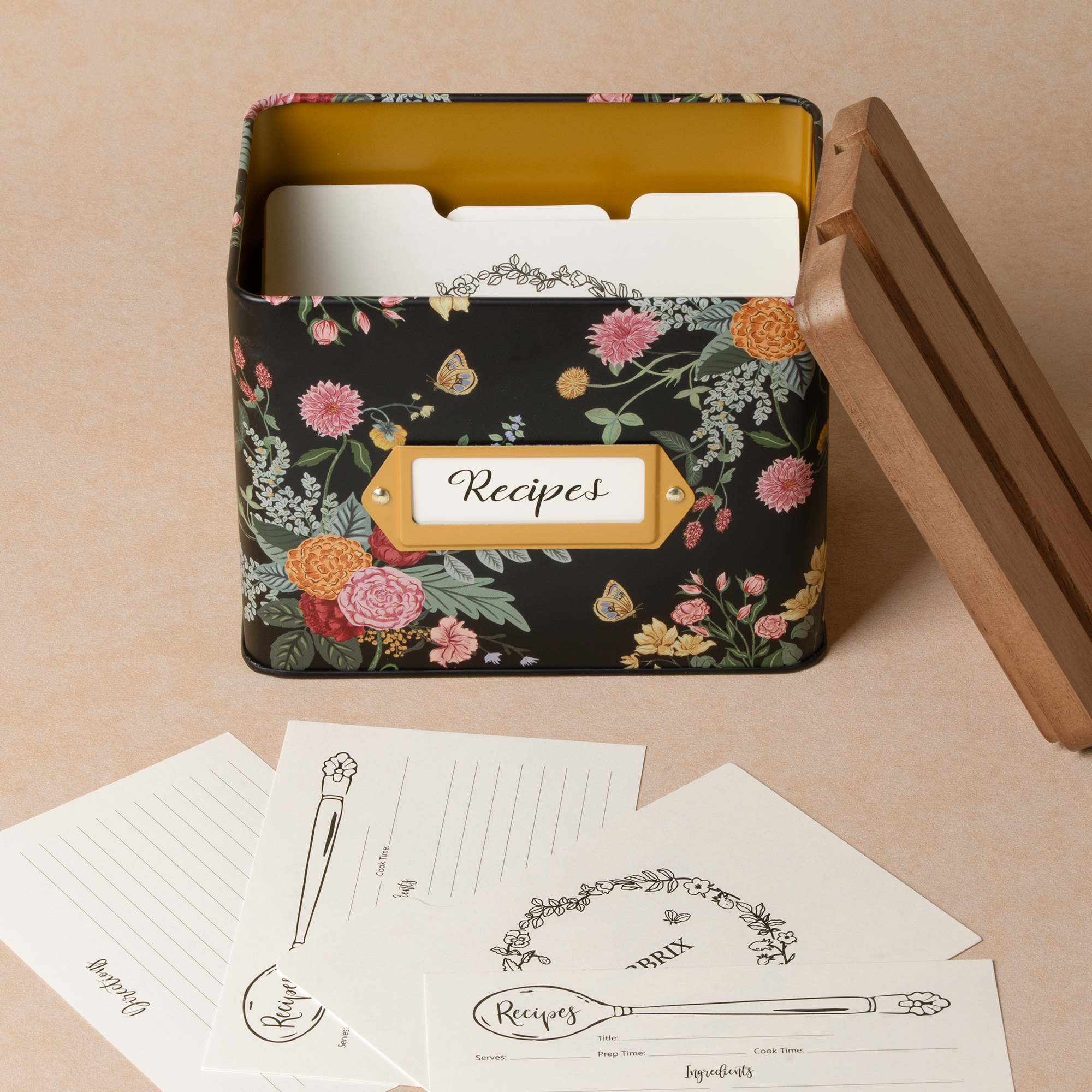 Cabbrix Stylish Recipe Box with Cards, Dahlias
