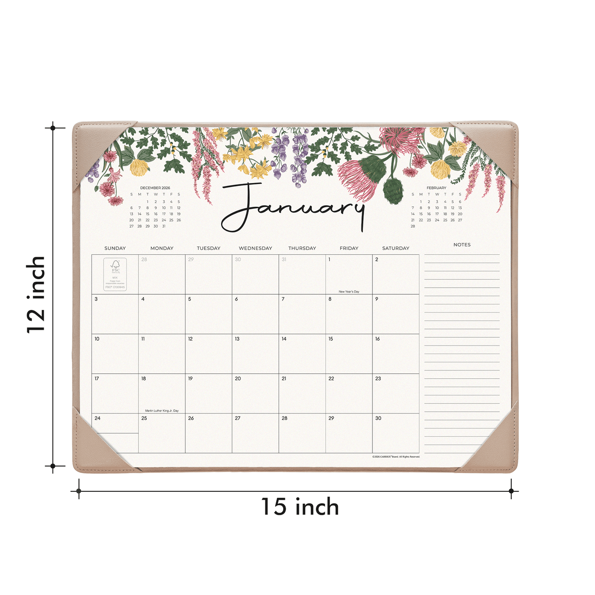 Cabbrix 2027-2028 Desk Calendar, 15"L×12"W, Vine Poem, Apricot