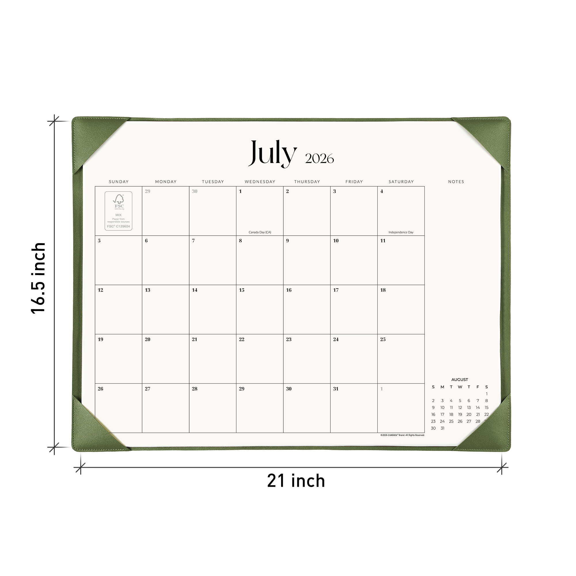 Cabbrix 2026-2027 Desk Calendar, 21"L×17"W, Simplified Style, Green