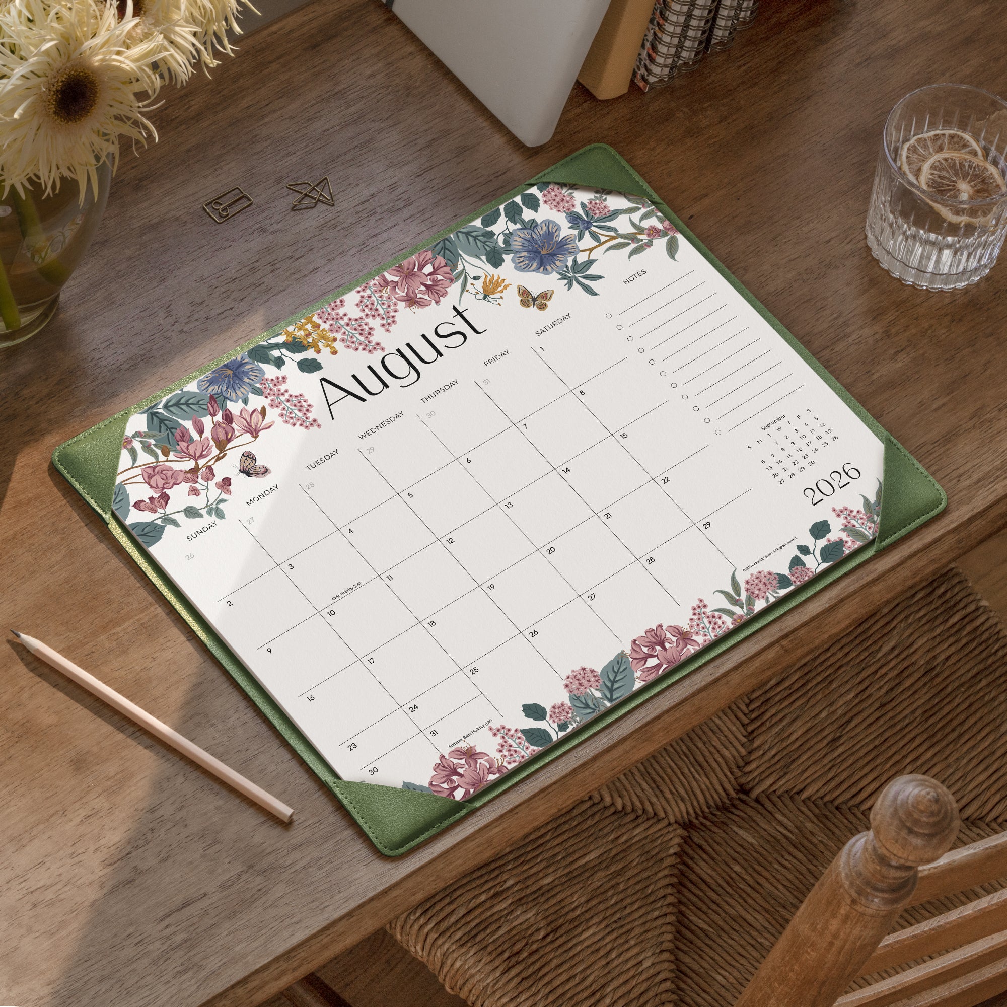 Cabbrix 2026-27 Desk Calendar, 15"L×12"W, Elegant Floral, Green