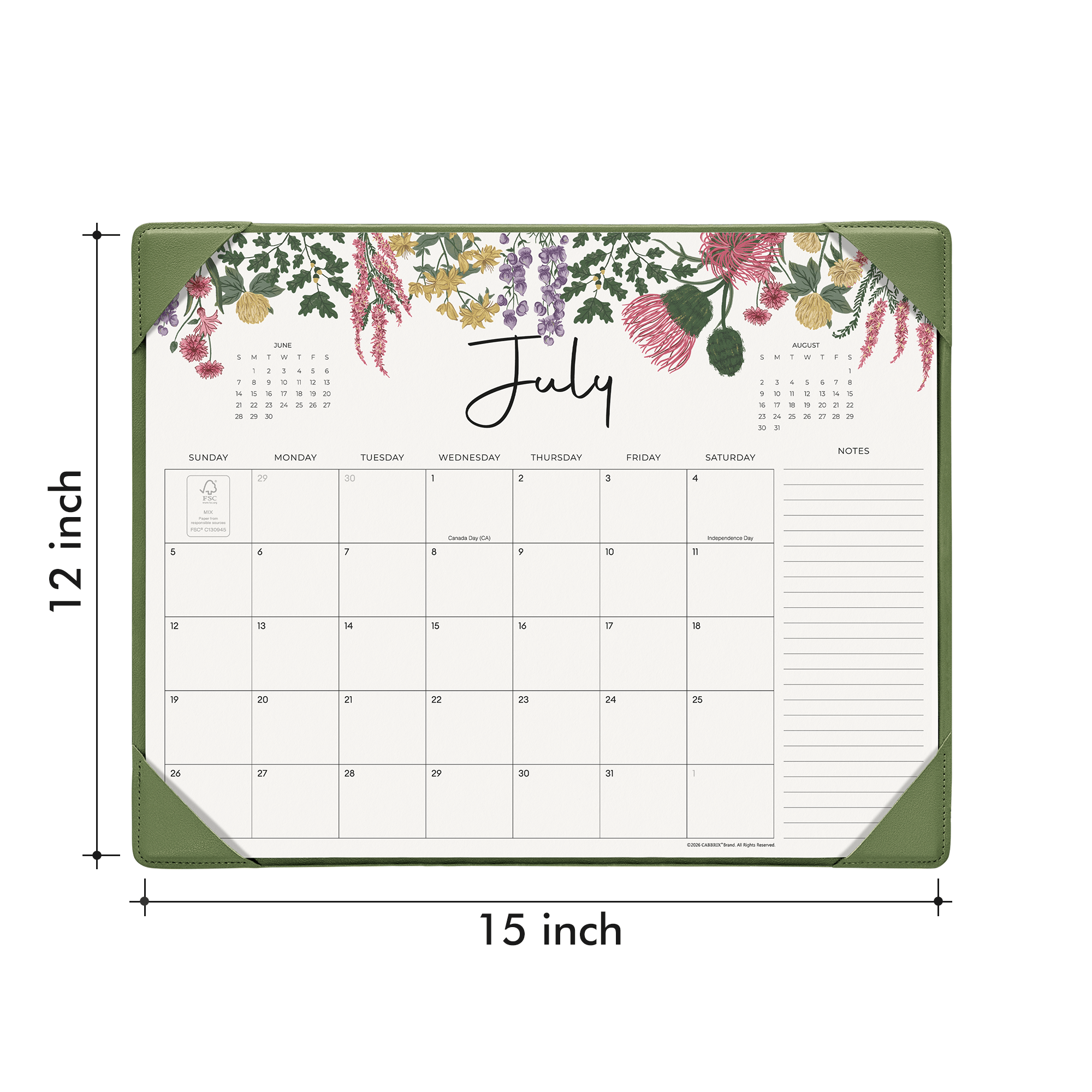 Cabbrix 2026-27 Desk Calendar, 15"L×12"W, Vine Poem, Green