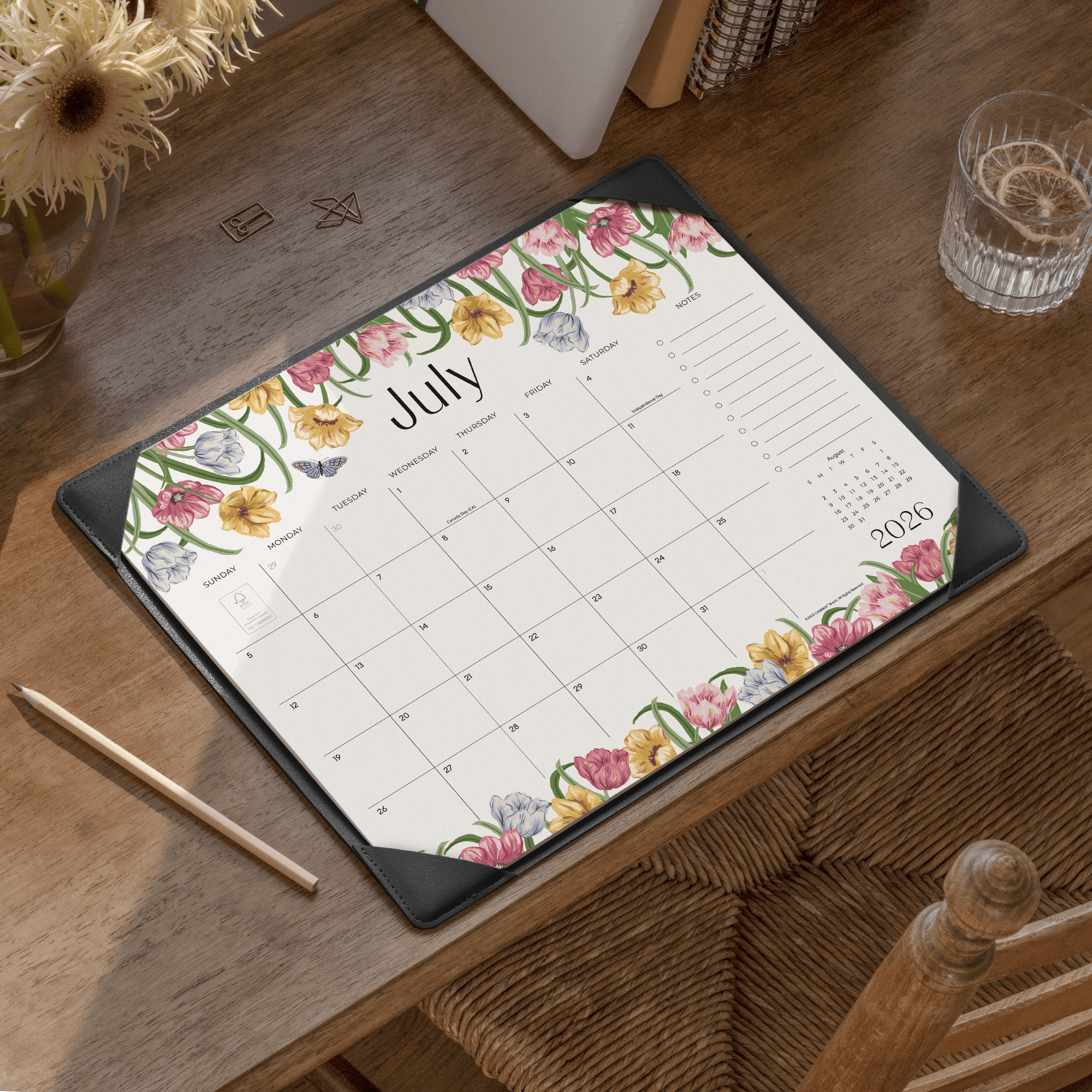 Cabbrix 2026-27 Desk Calendar, 15"L×12"W, Elegant Floral, Black