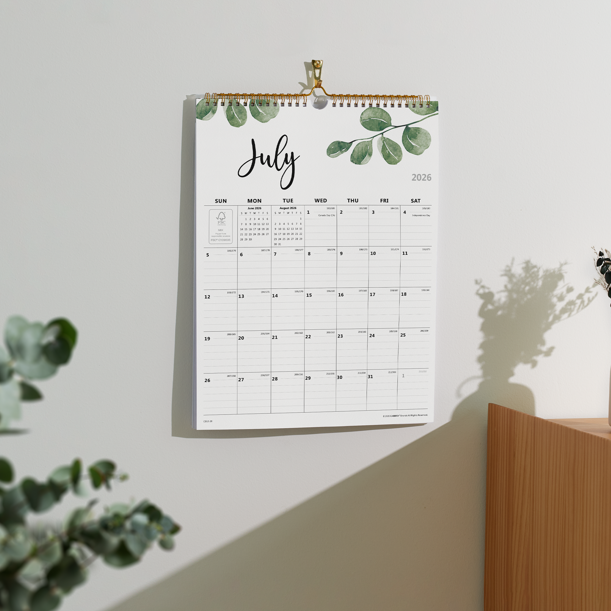 Cabbrix 2026-2027 Wall Calendar, Spiral Binding, 12"L×15"W, Botanical Elements