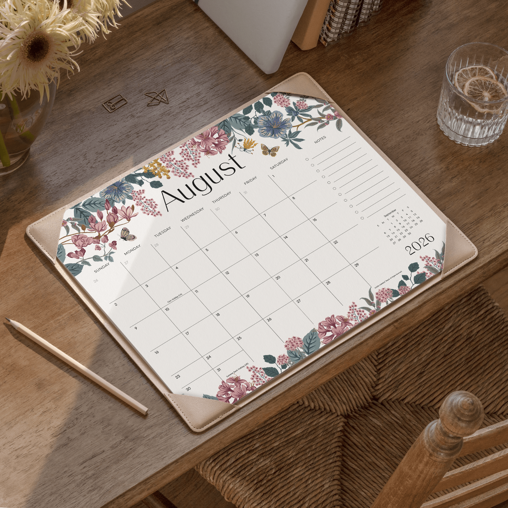 Cabbrix 2026-27 Desk Calendar, 15"L×12"W, Elegant Floral, Apricot