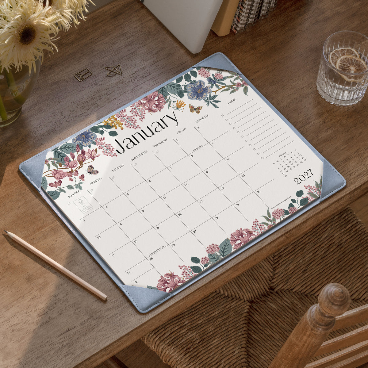 Cabbrix 2027-2028 Desk Calendar, 15"L×12"W, Elegant Floral, Blue