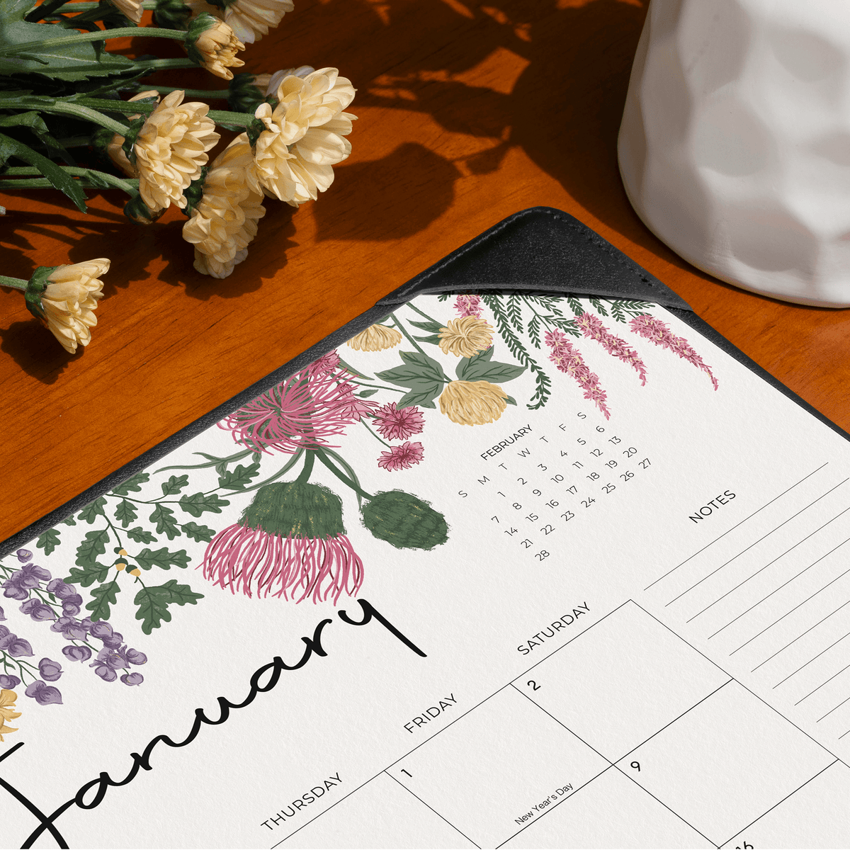 Cabbrix 2027-2028 Desk Calendar, 15"L×12"W, Vine Poem, Black