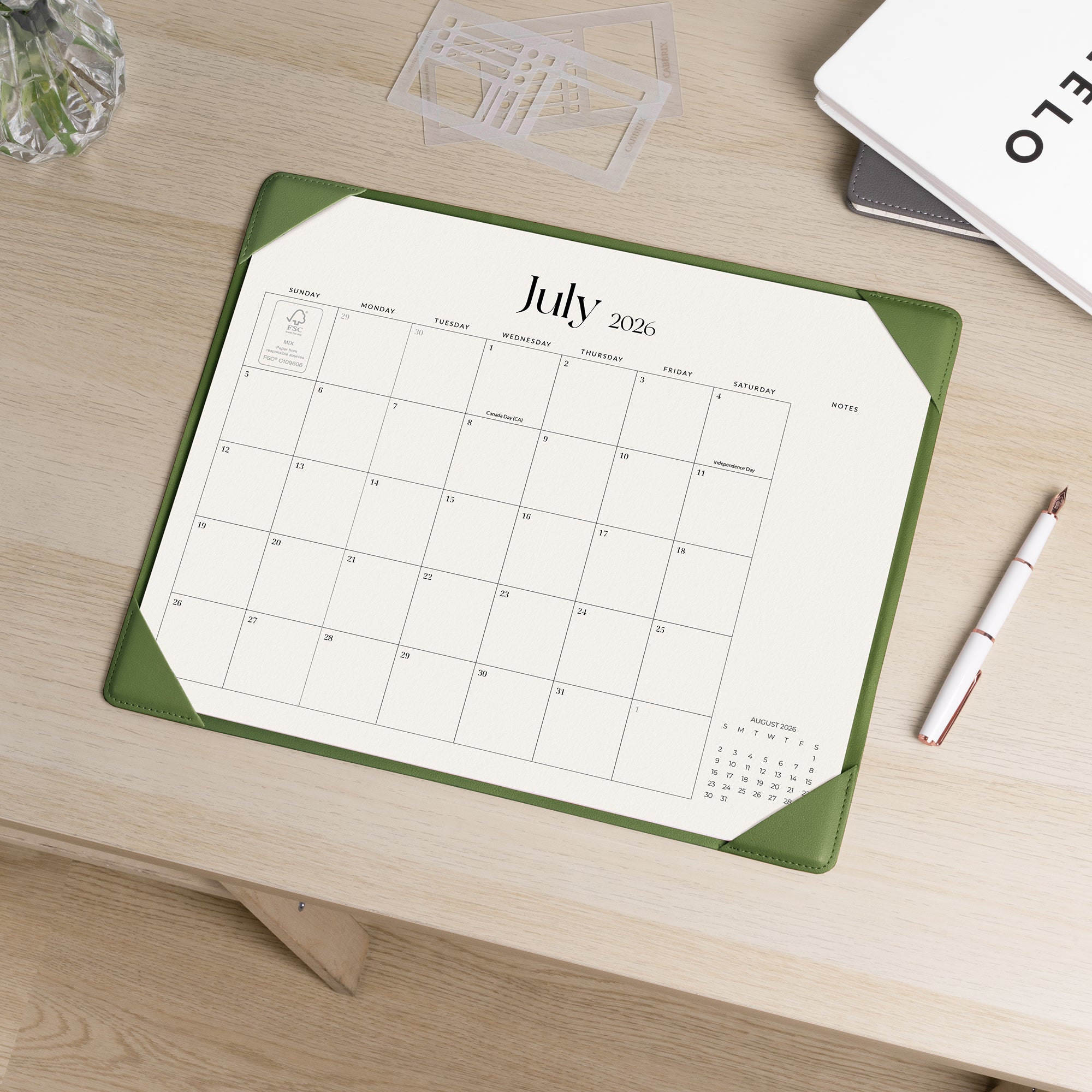 Cabbrix 2026-2027 Desk Calendar, 15"L×12"W, Simplified Style, Green