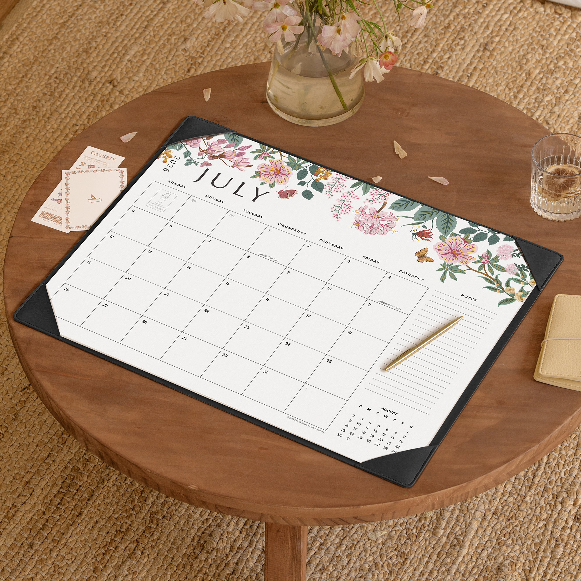 Cabbrix 2026-27 Desk Calendar, 21"L×17"W, Elegant Floral, Black