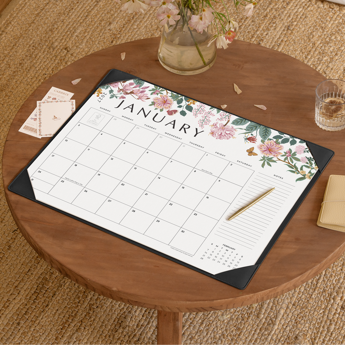 Cabbrix 2027-2028 Desk Calendar, 21"L×17"W, Elegant Floral, Black