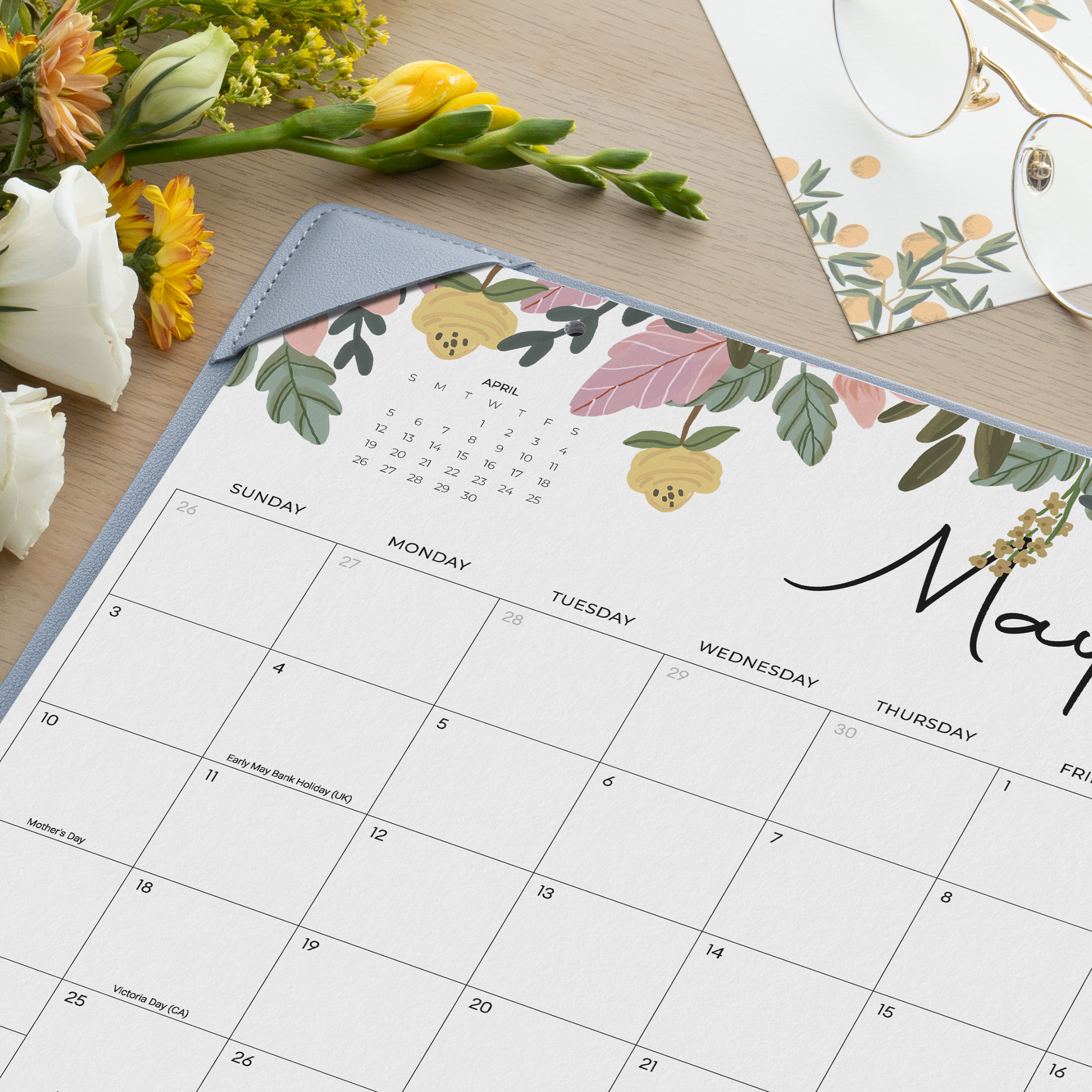 Cabbrix 2026-27 Desk Calendar, 15"L×12"W, Floral Design, Blue