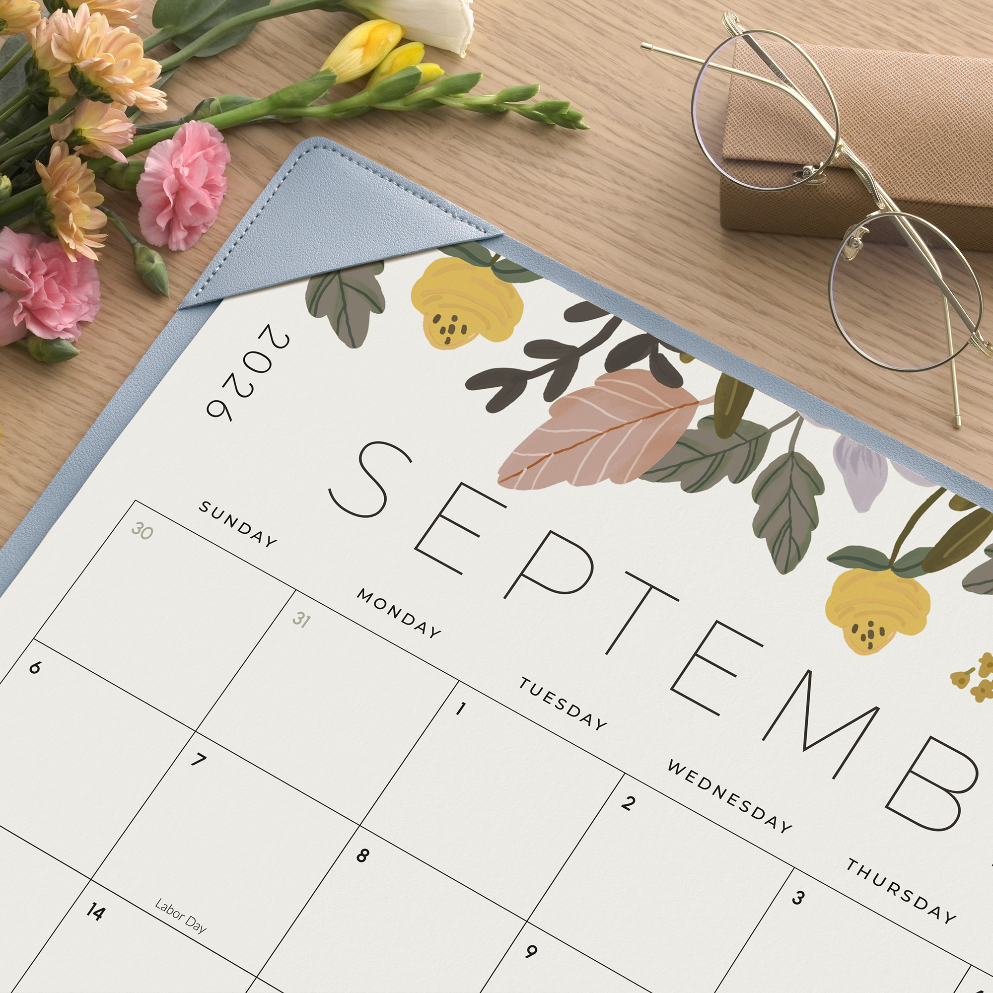 Cabbrix 2026-27 Desk Calendar, 21"L×17"W, Floral Elements, Blue