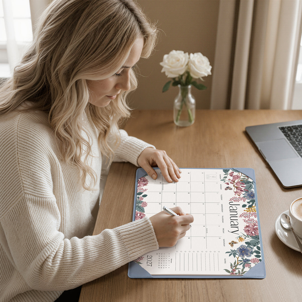 Cabbrix 2027-2028 Desk Calendar, 15"L×12"W, Elegant Floral, Blue